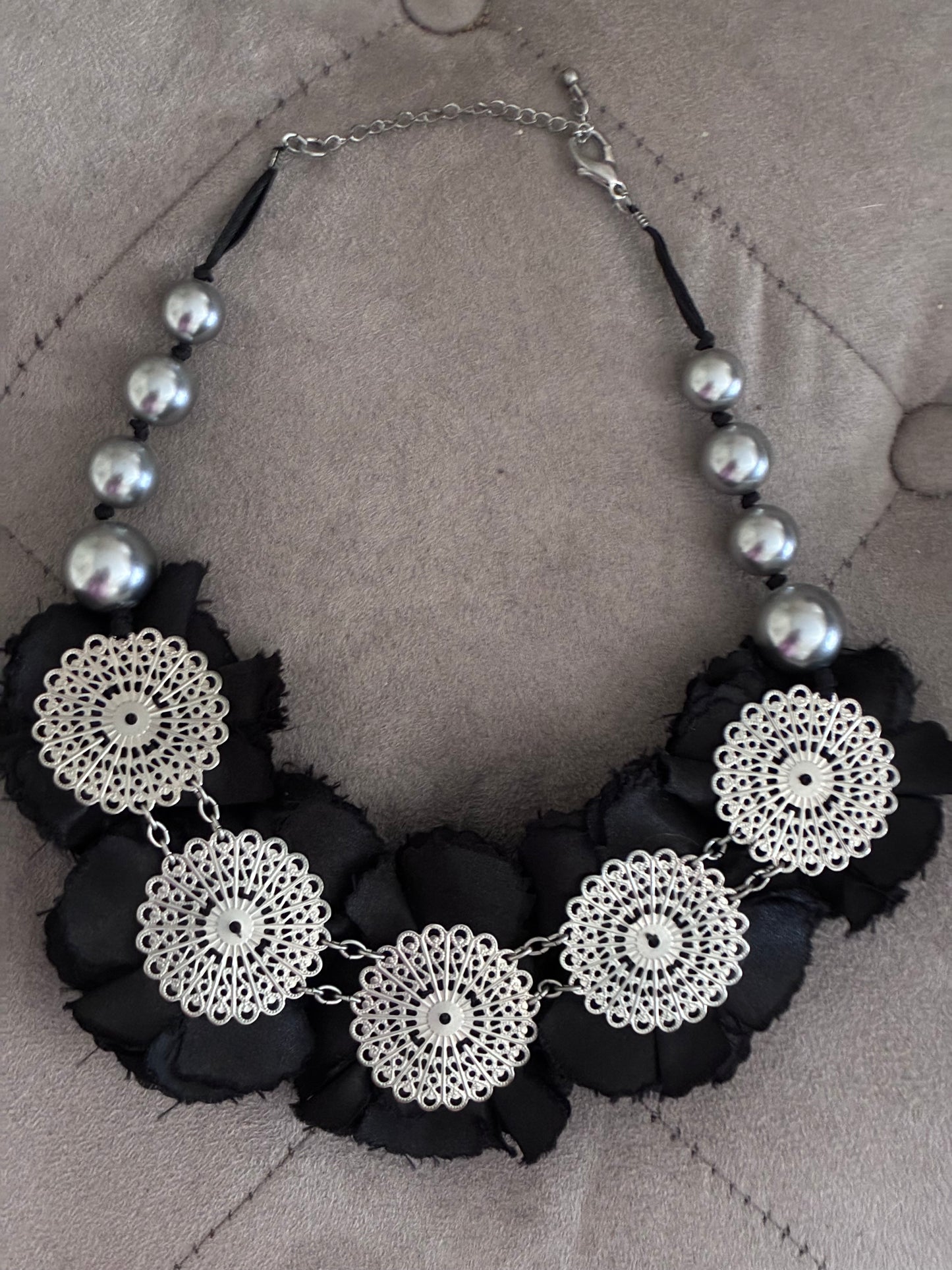 Black Rosette & Silver Pearl Statement Necklace