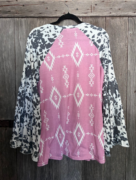 Pink Cadillac Aztec & Cow Print Bell Sleeve Top