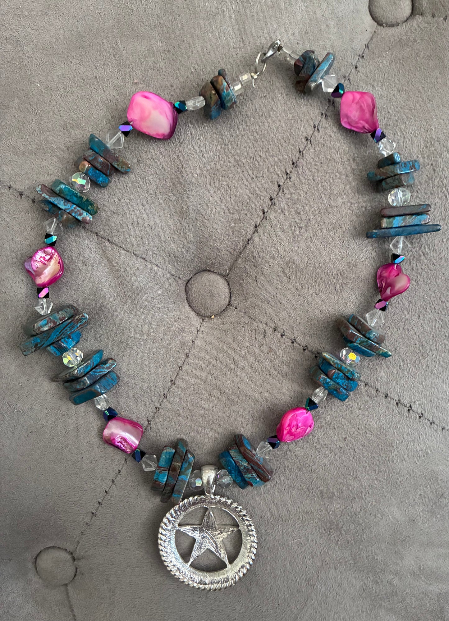Teal & Pink Beaded Western Star Pendant Necklace