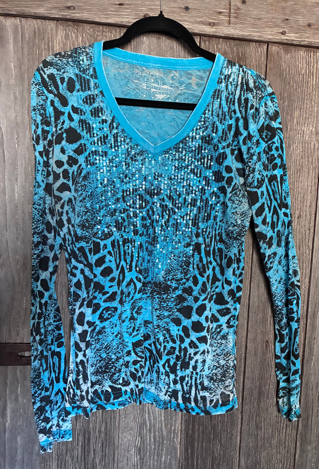 Rock & Roll Cowgirl Turquoise Animal Print Sequin Top