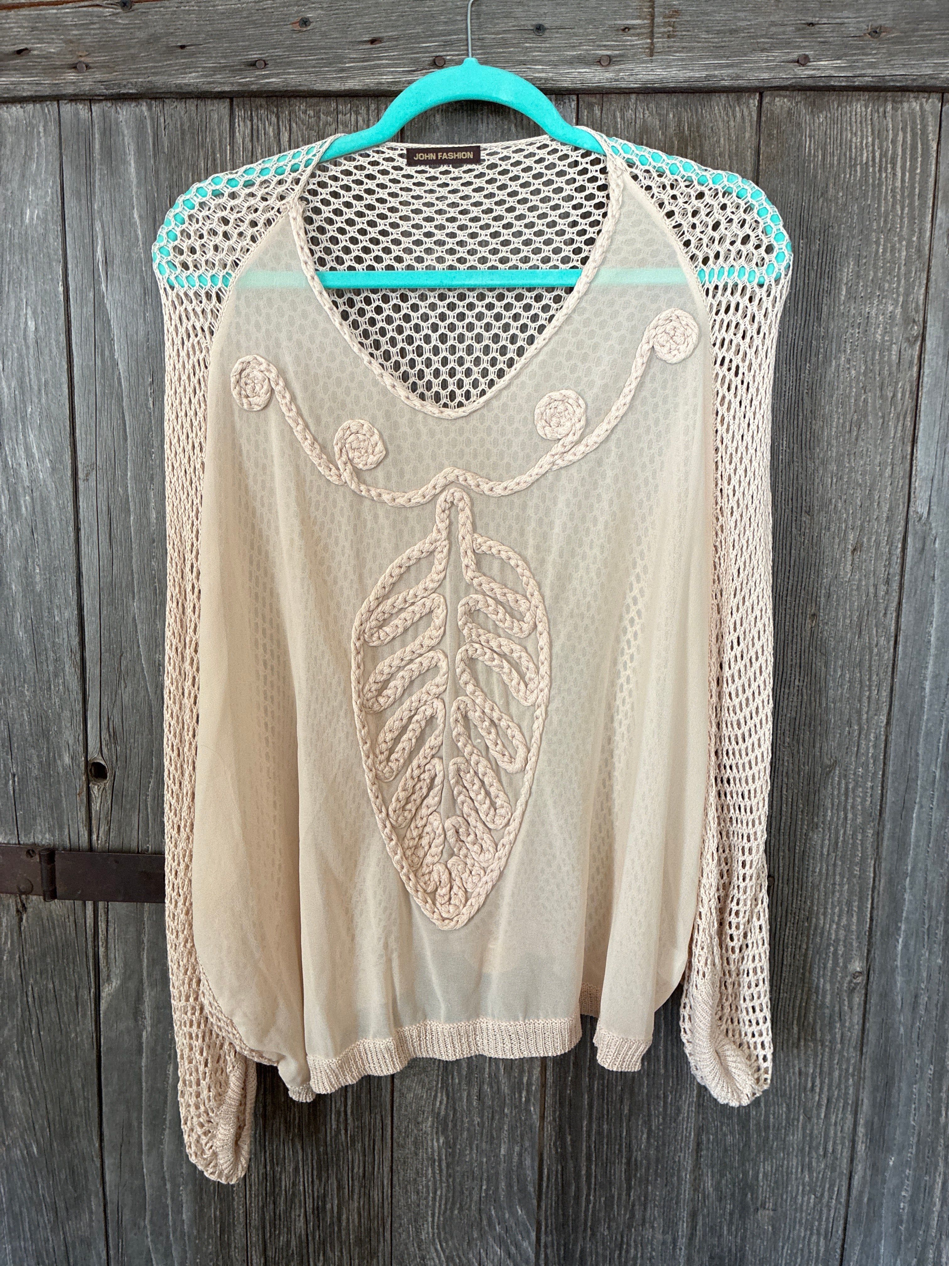 Fishnet Crochet Embroidered Leaf Blouse Size: L-XL