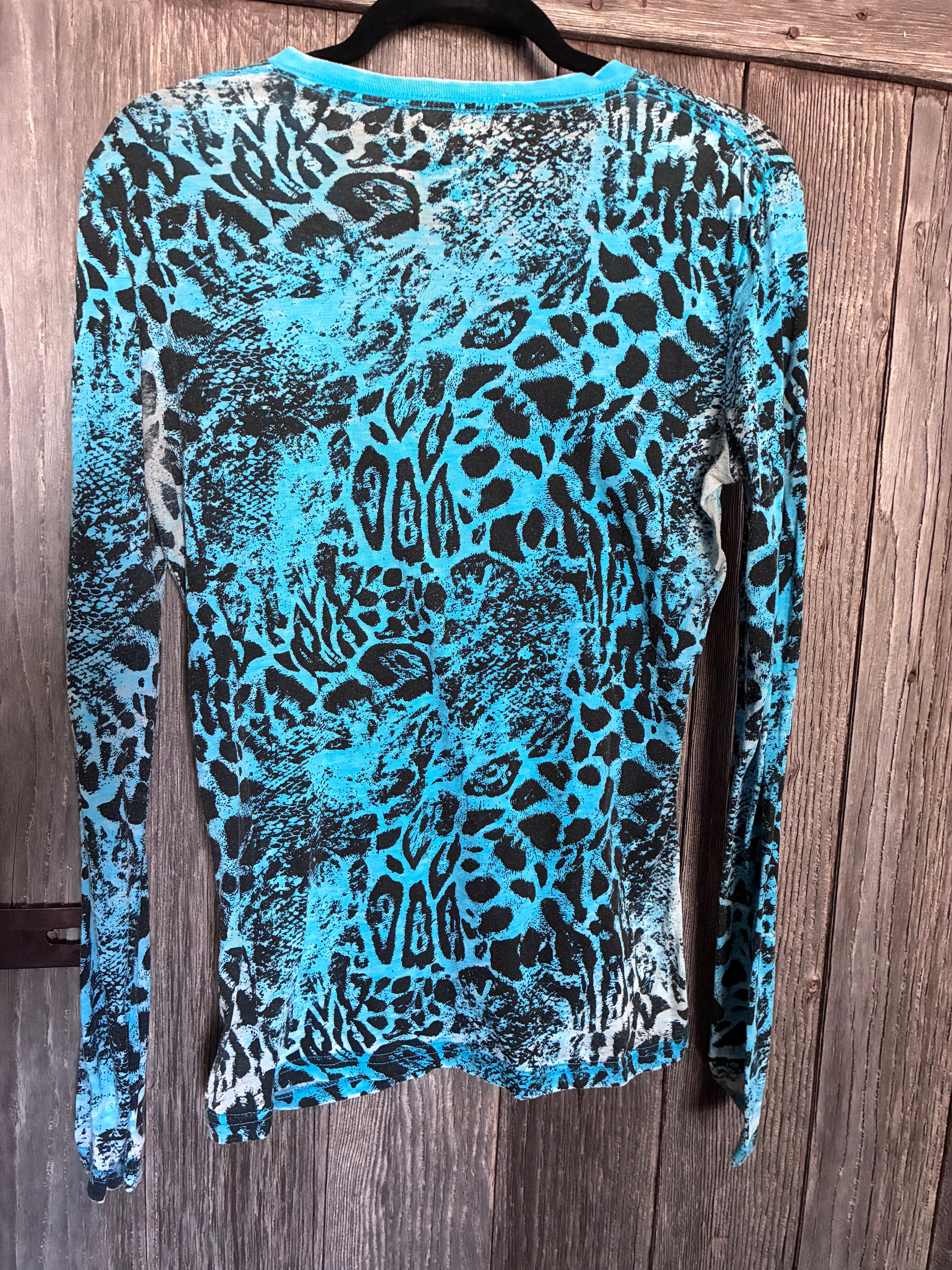 Rock & Roll Cowgirl Turquoise Animal Print Sequin Top