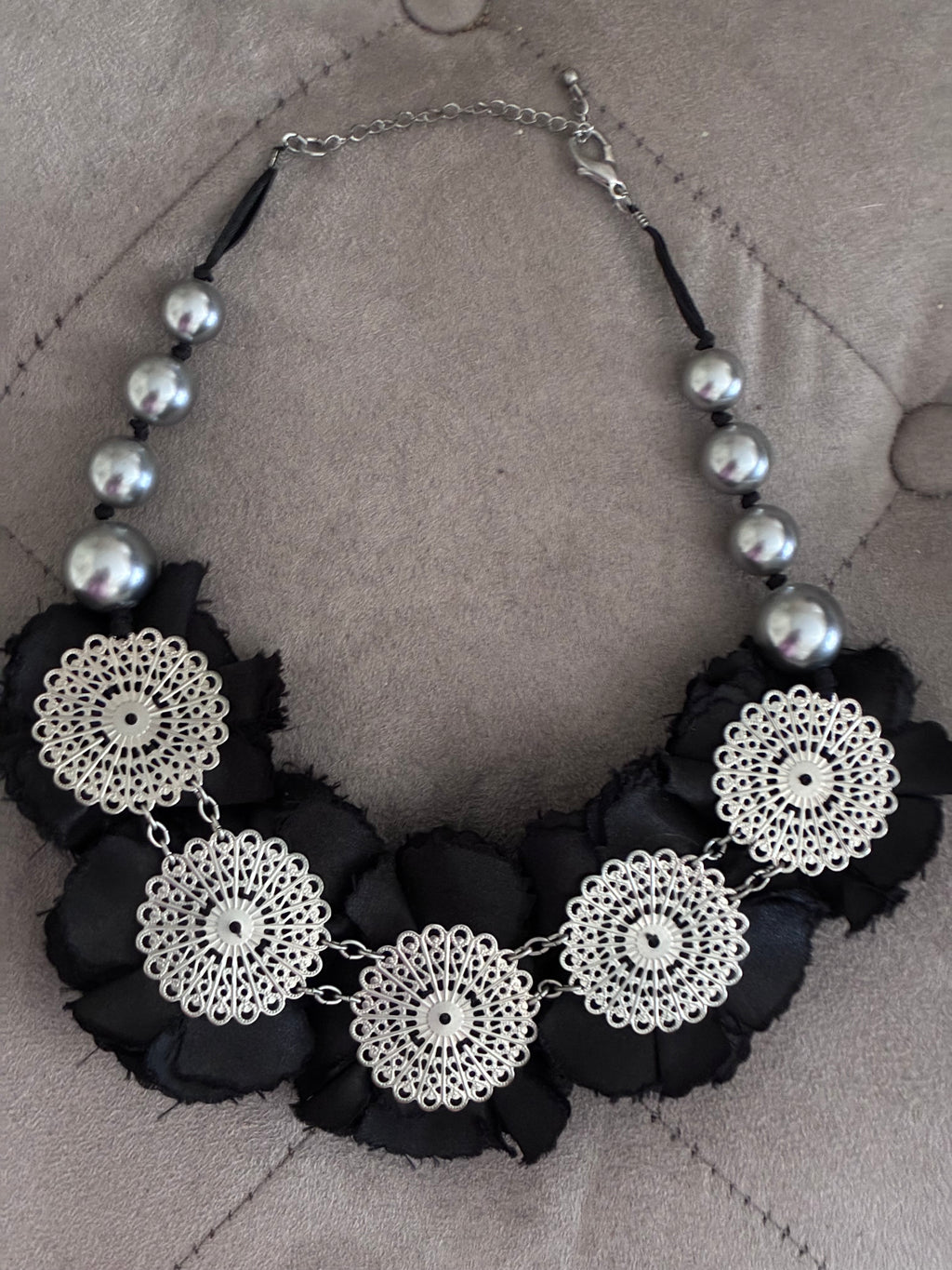 Black Rosette & Silver Pearl Statement Necklace