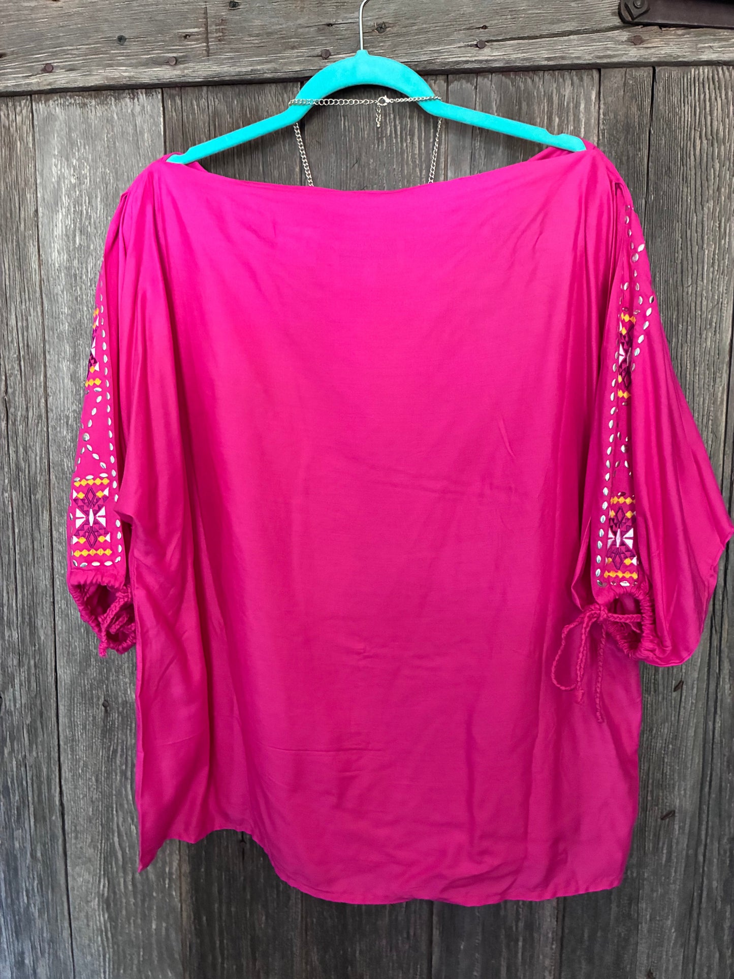 Hot Pink Panhandle Slim Boho Top – Embroidered Cutwork Sleeves