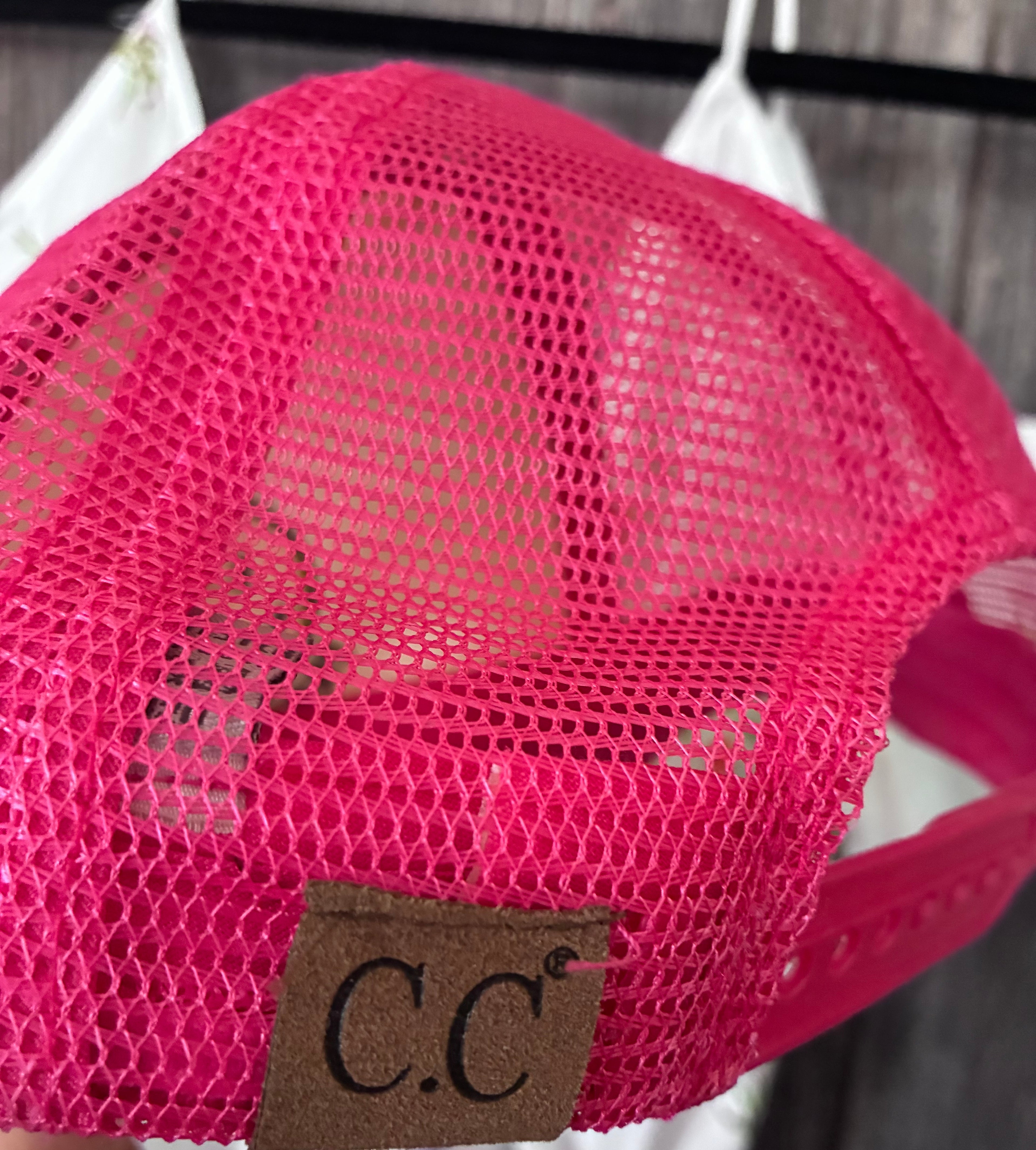 C.C. Hot Pink Trucker Hat – Take It Easy Smiley w/ Detachable Hat Chain