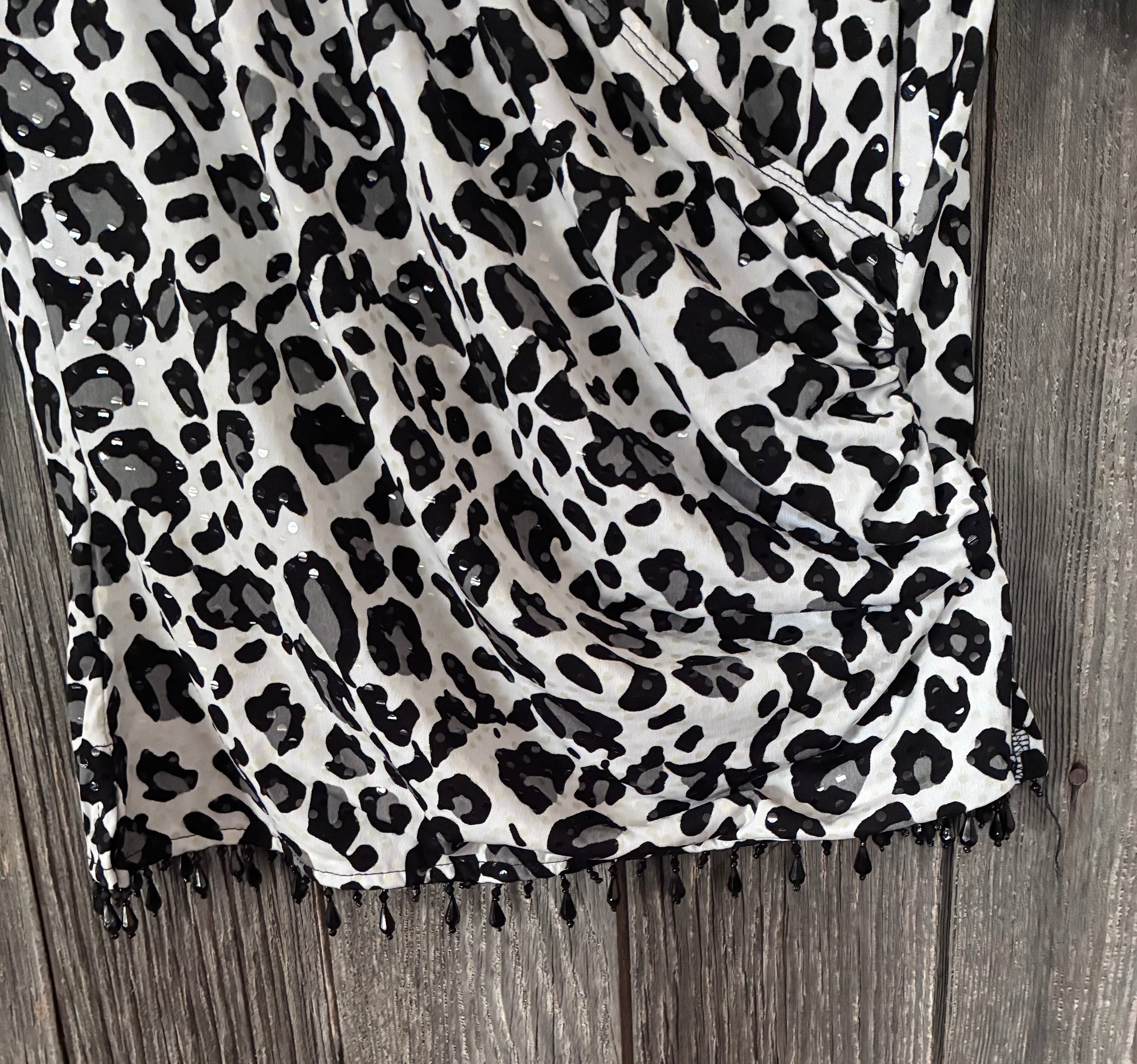 Leopard Print Sequin Blouse with Black Bead Fringe