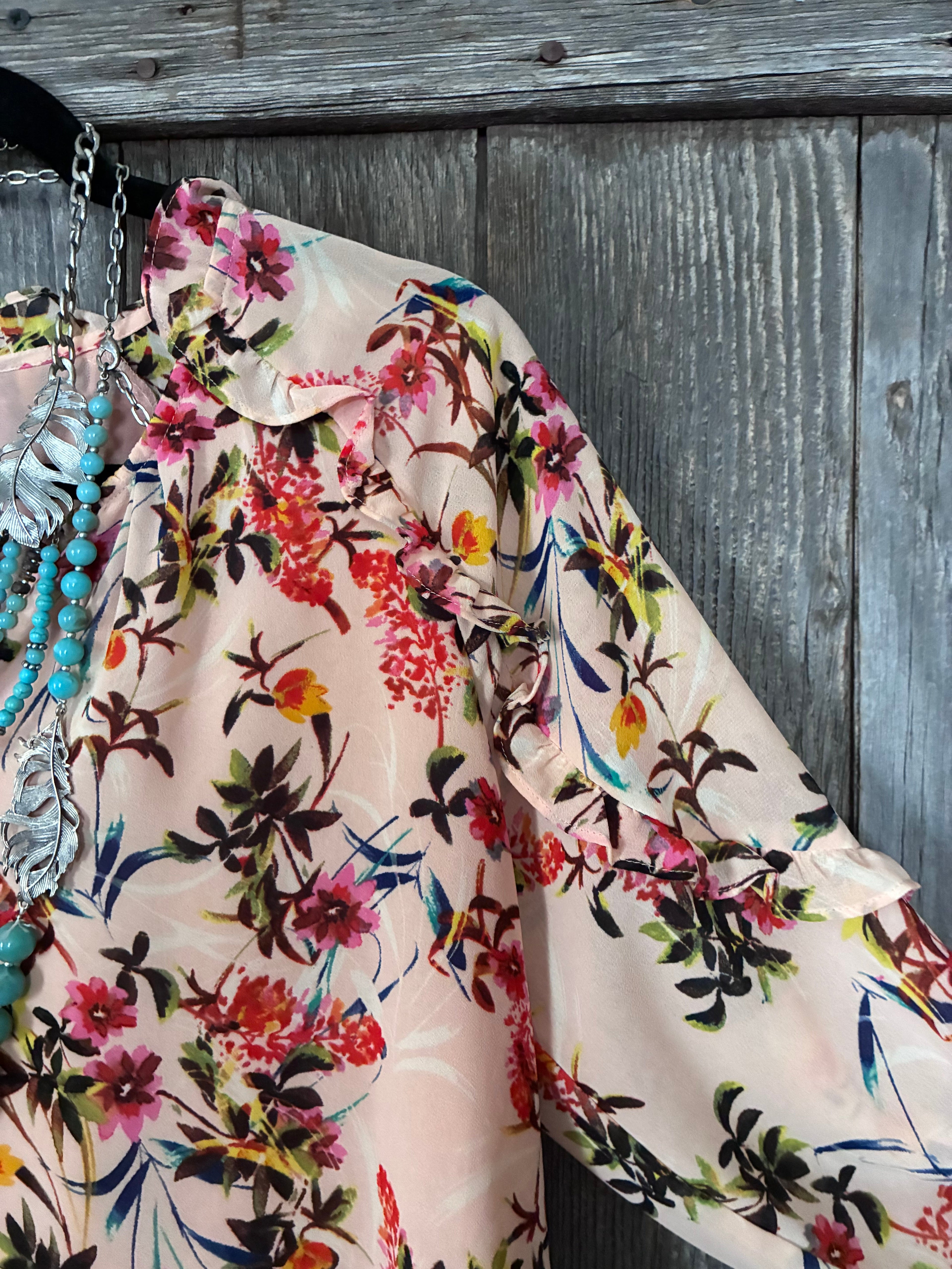 Rose + Olive Blush Floral Chiffon Blouse – Size M
