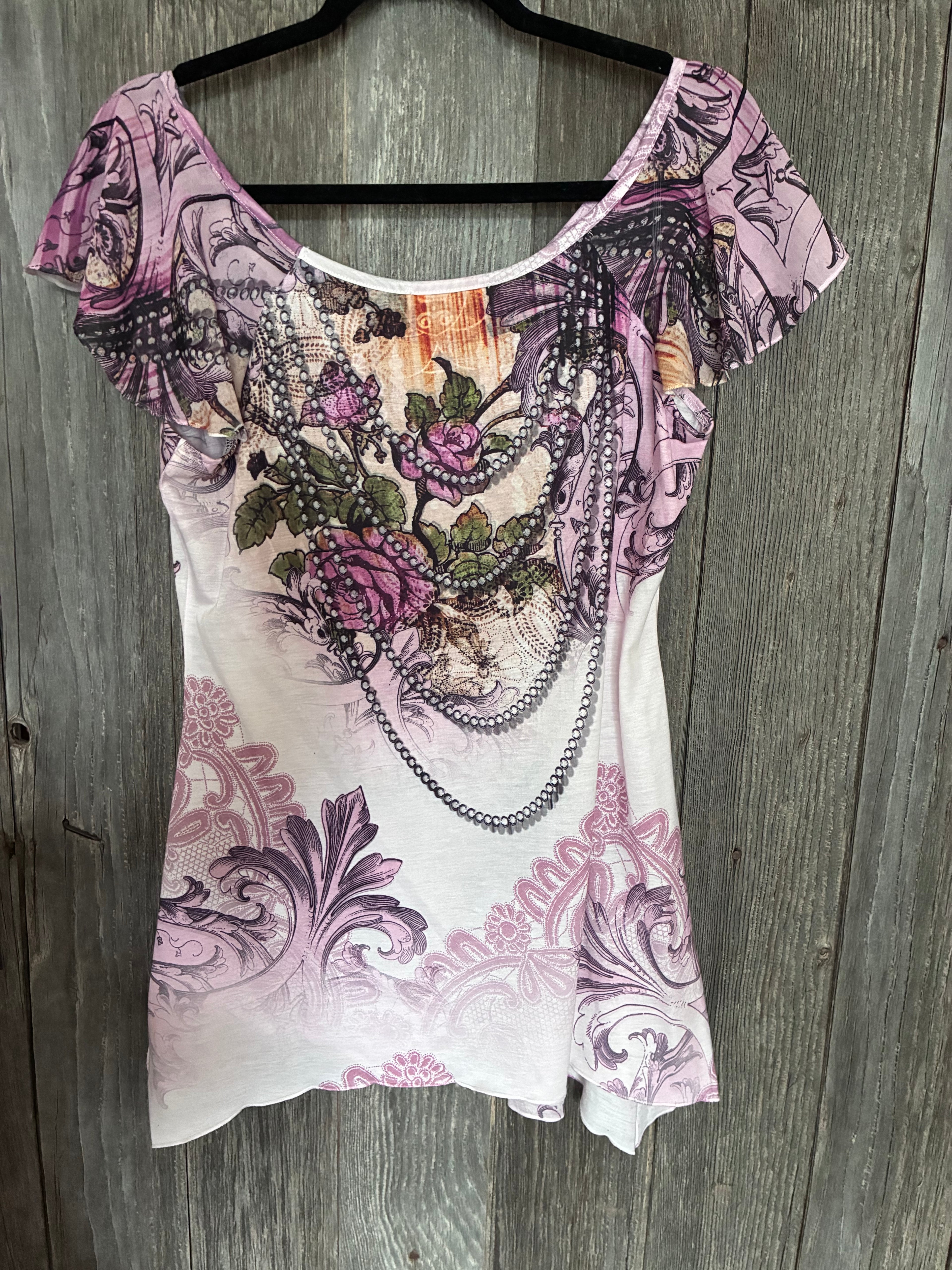 Dressbarn Boho Floral Ruffle Top | Large
