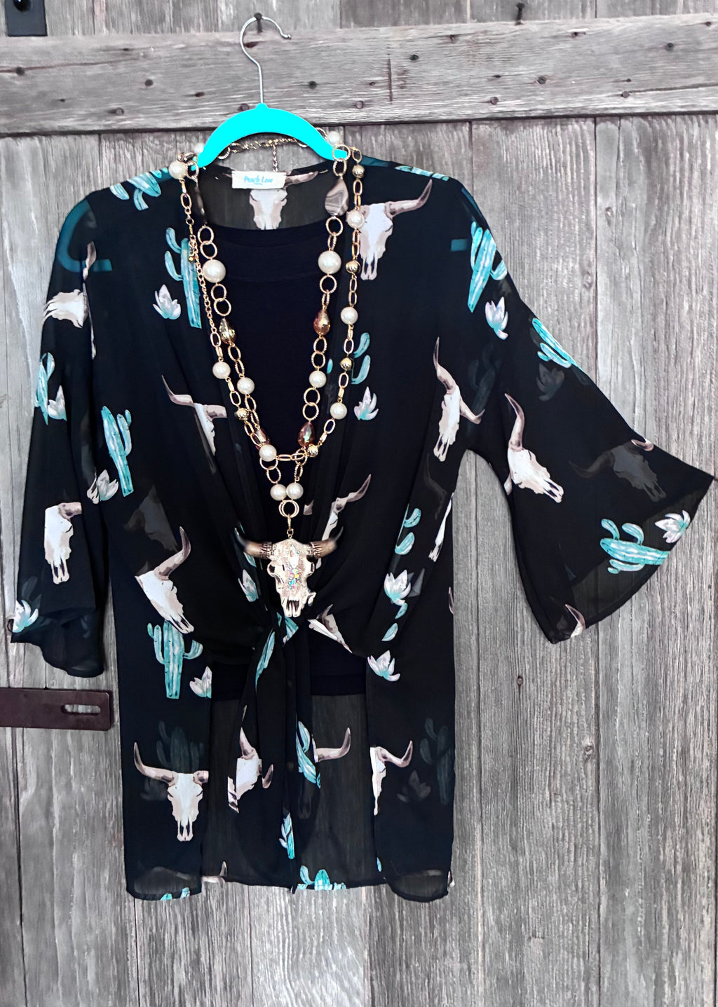 Peach Love California Bull Skull & Cactus Kimono Cardigan – Black (S)