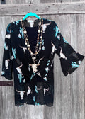 Peach Love California Bull Skull & Cactus Kimono Cardigan – Black (S)