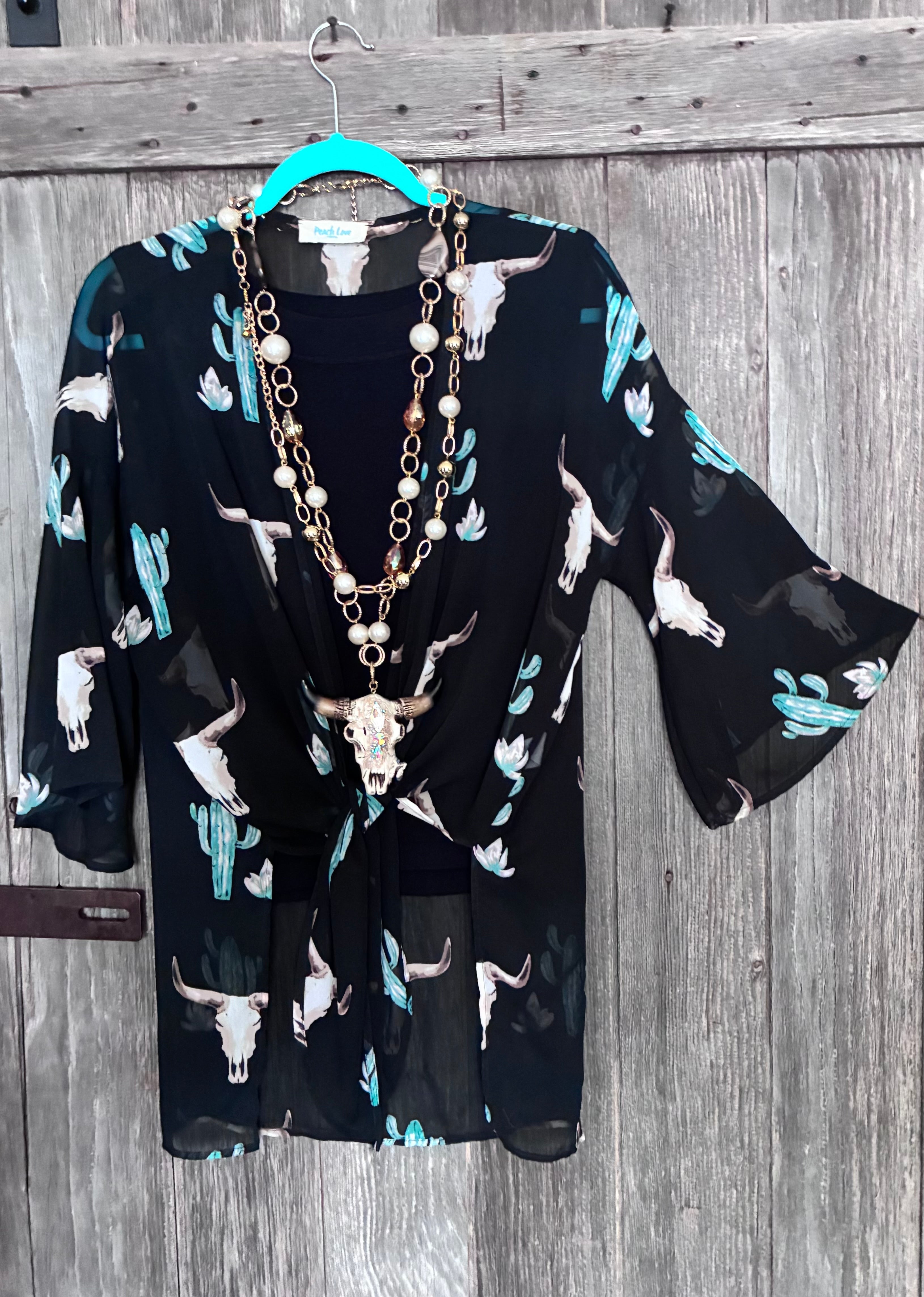 Peach Love California Bull Skull & Cactus Kimono Cardigan – Black (S)