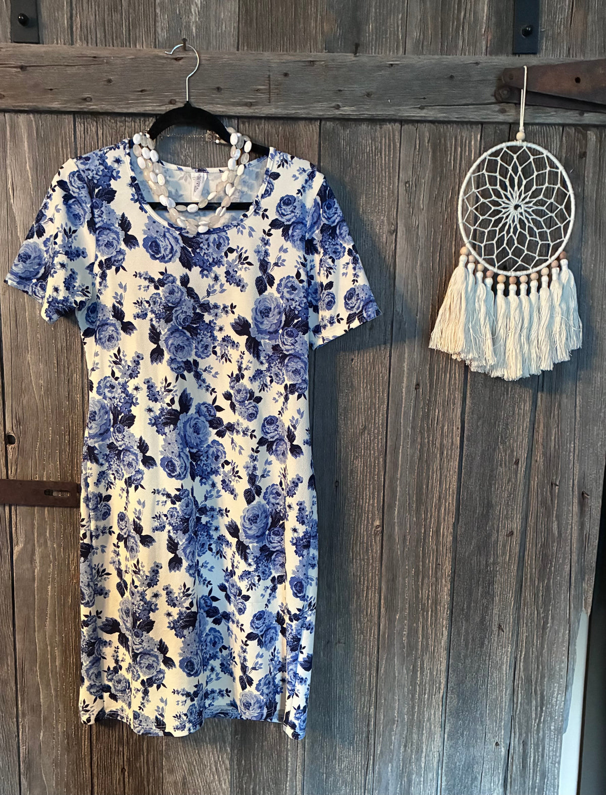 Honey & Lace Blue Floral Rose T-Shirt Dress | Size L | Boho Cottage Chic