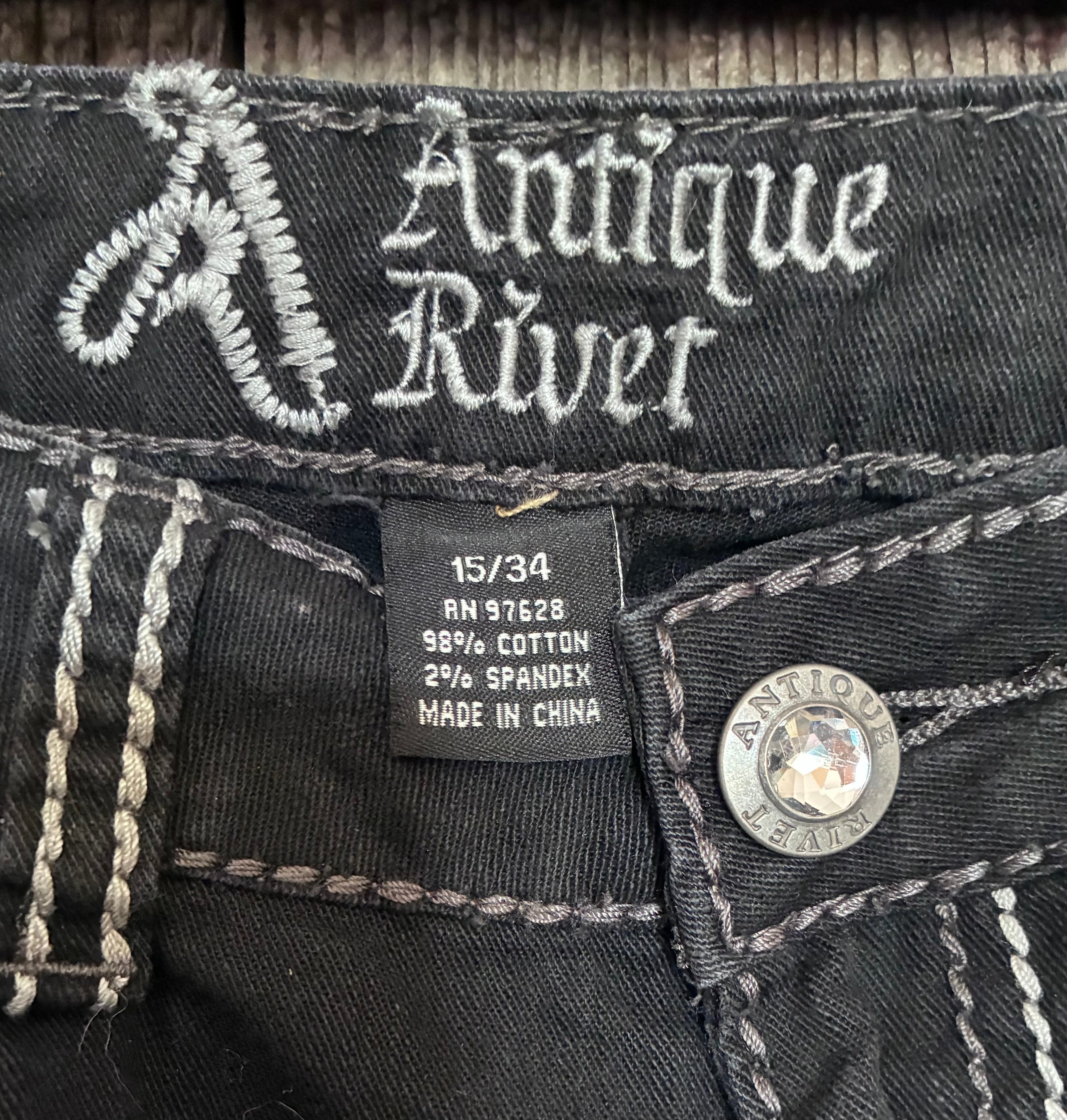Antique Rivet Black Rhinestone Studded Jeans | Size 15/34