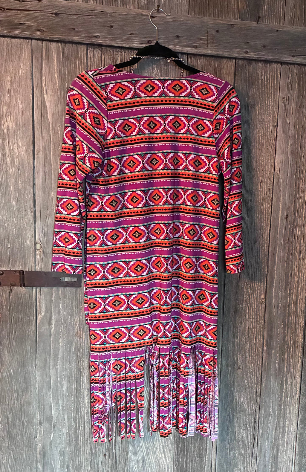 L&B aztec fringe tunic front view styled with turquoise squash blossom necklace