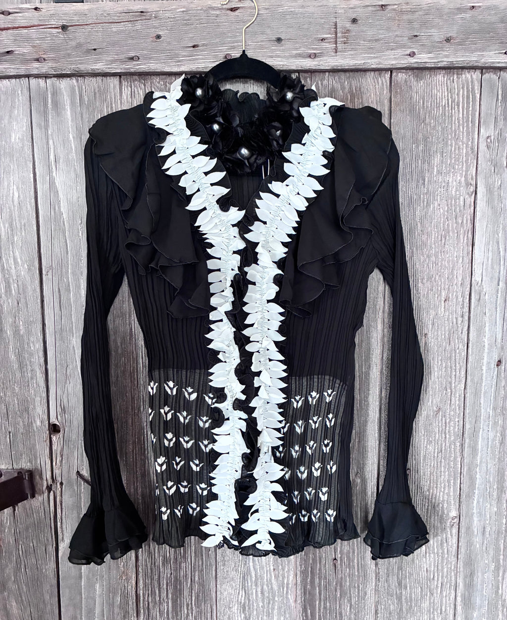 Michael K Designed in Italy Black Petal Appliqué Ruffle Blouse NWT