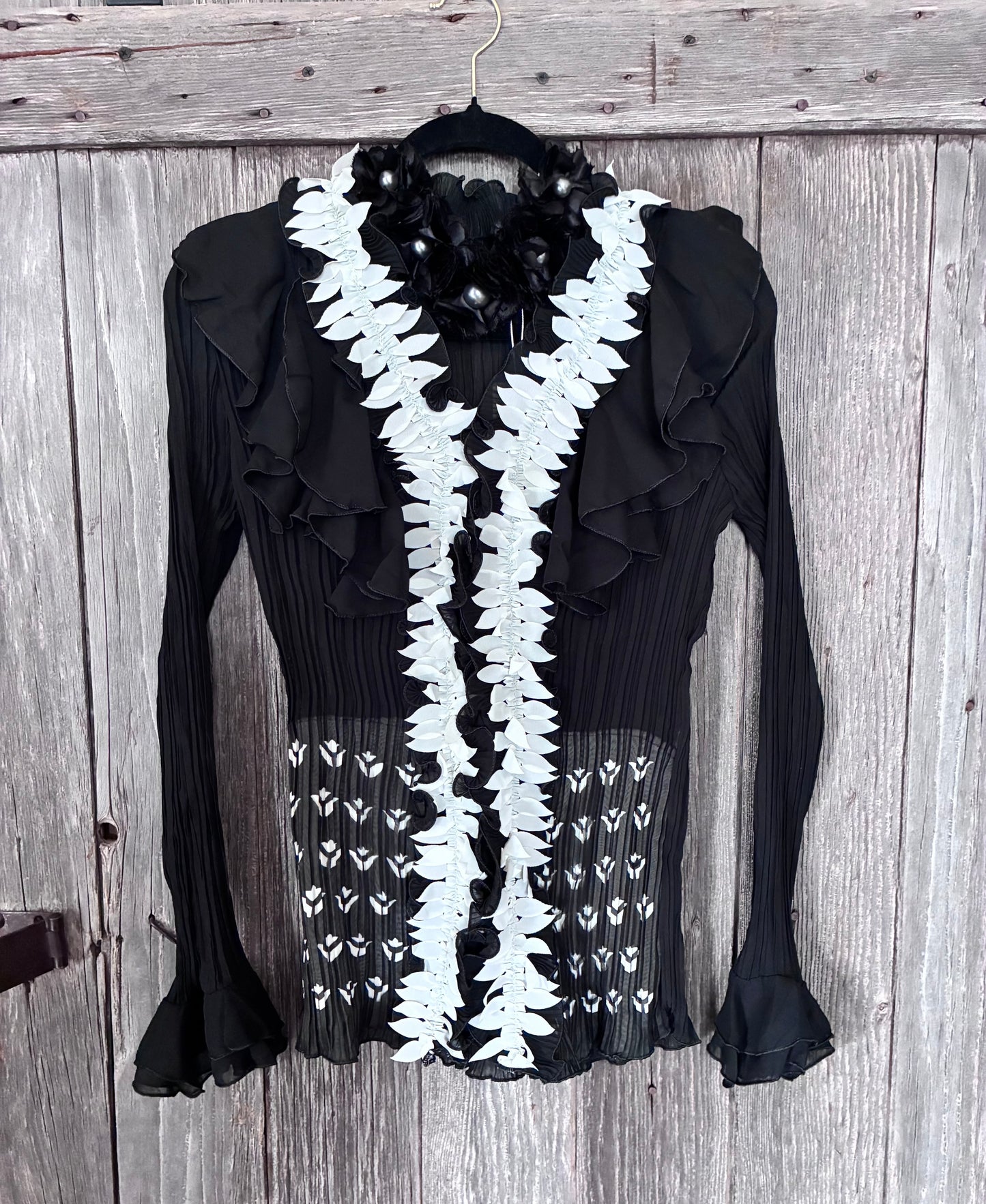 Michael K Designed in Italy Black Petal Appliqué Ruffle Blouse NWT