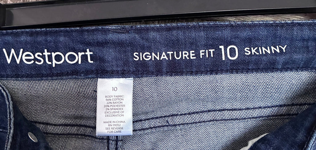 Close up of embroidered arrow side stripe detail on Westport jeans