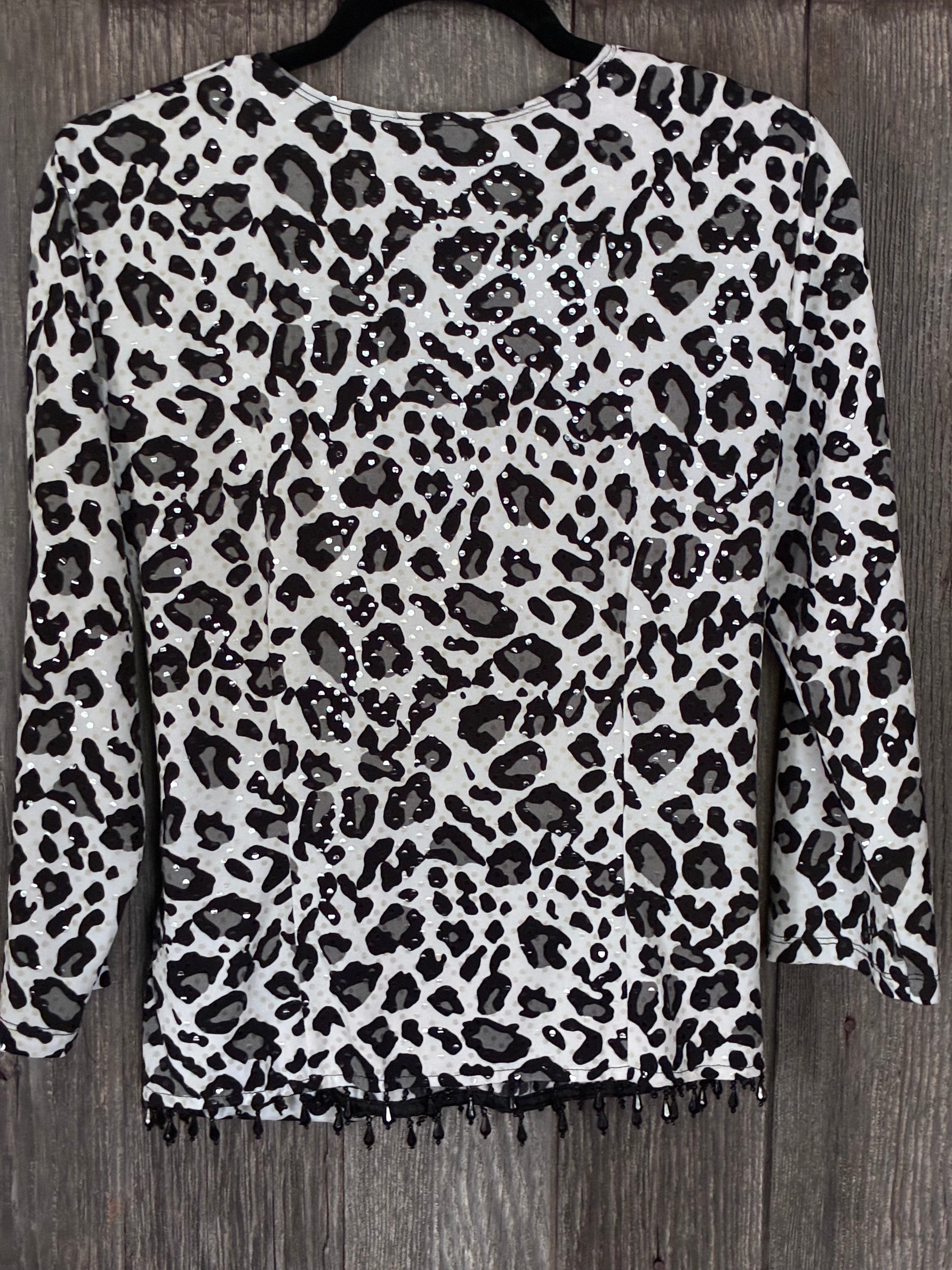 Leopard Print Sequin Blouse with Black Bead Fringe