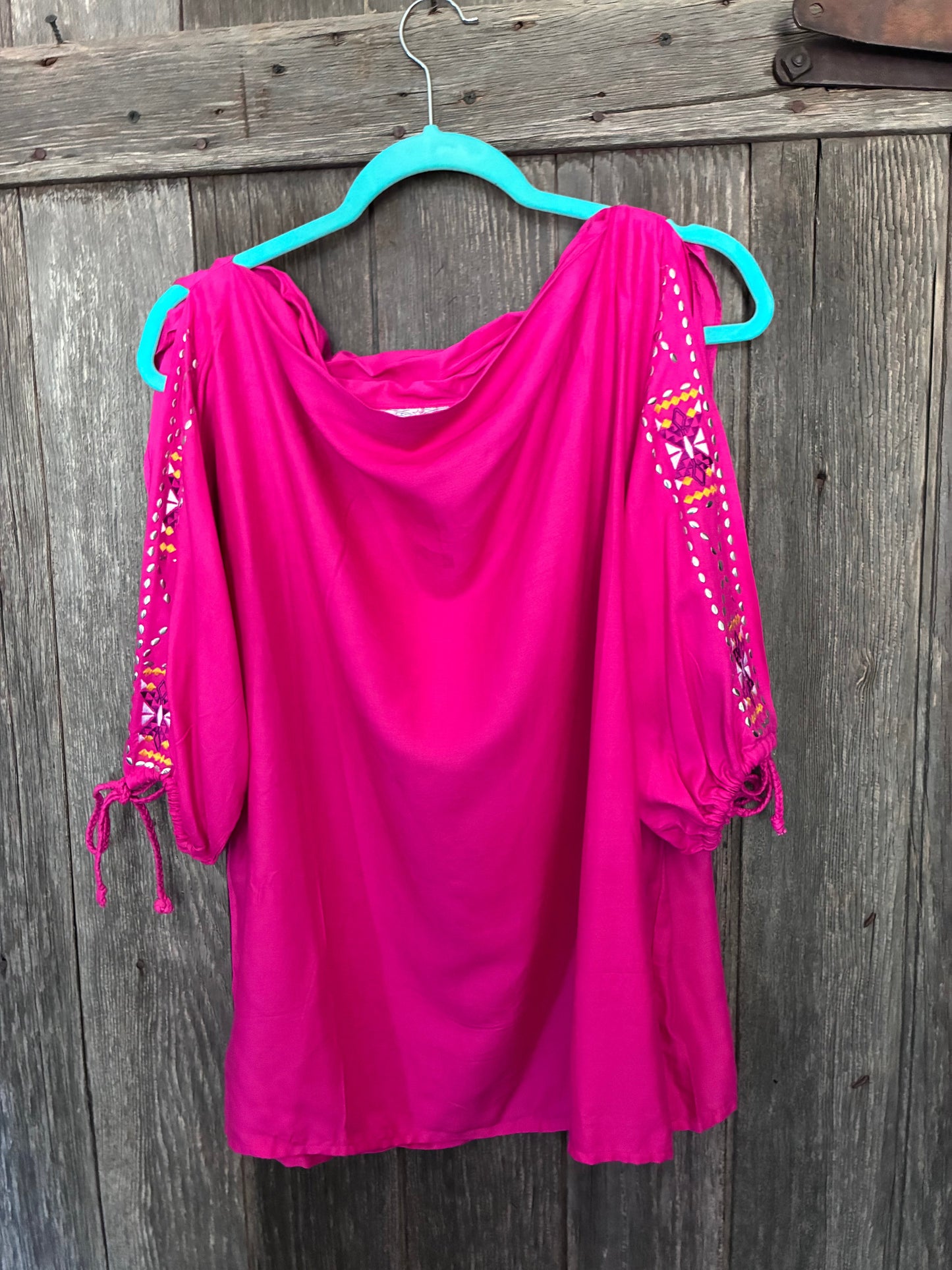 Hot Pink Panhandle Slim Boho Top – Embroidered Cutwork Sleeves