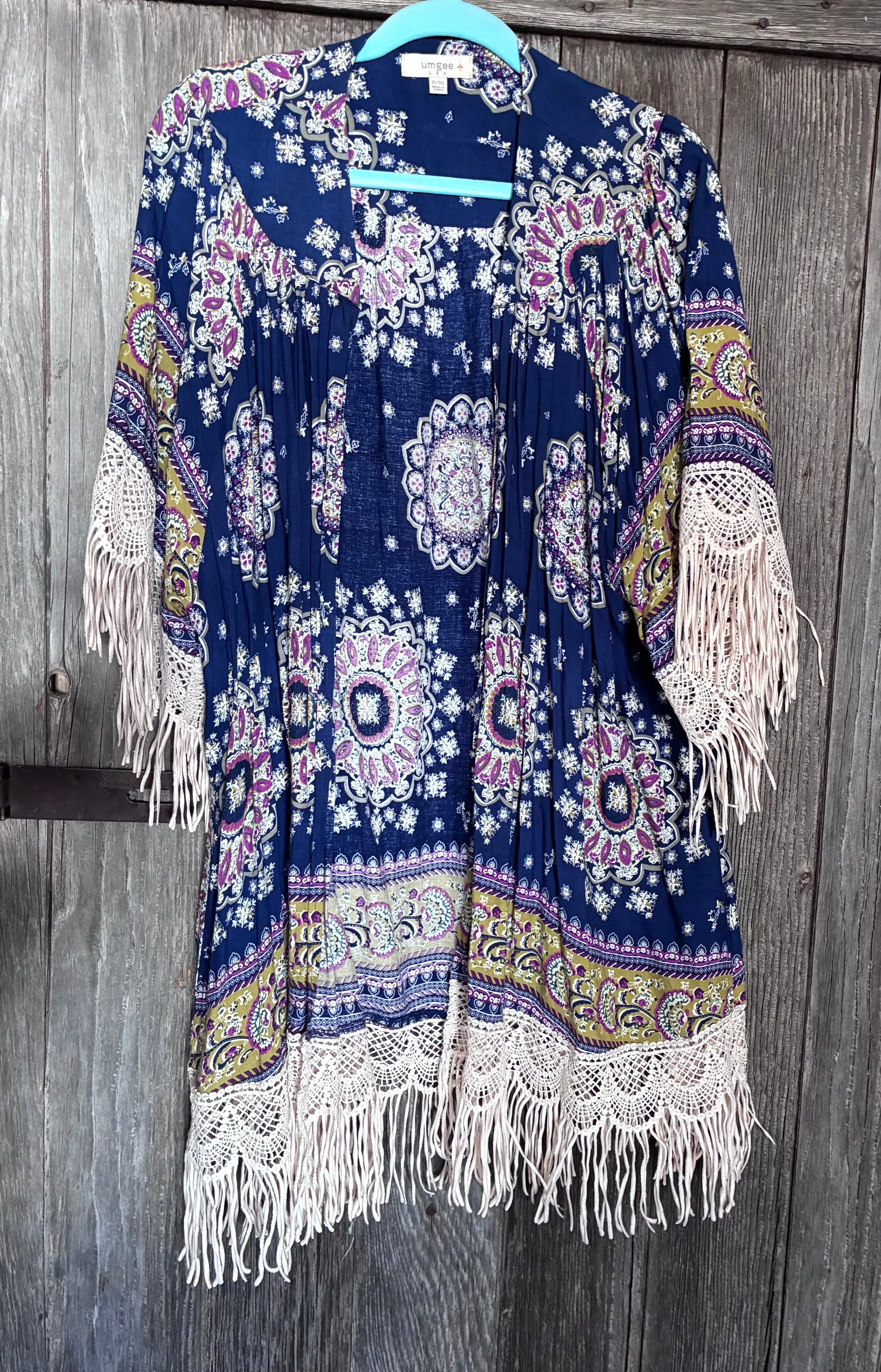 Umgee USA Boho Crochet Fringe Kimono Cardigan