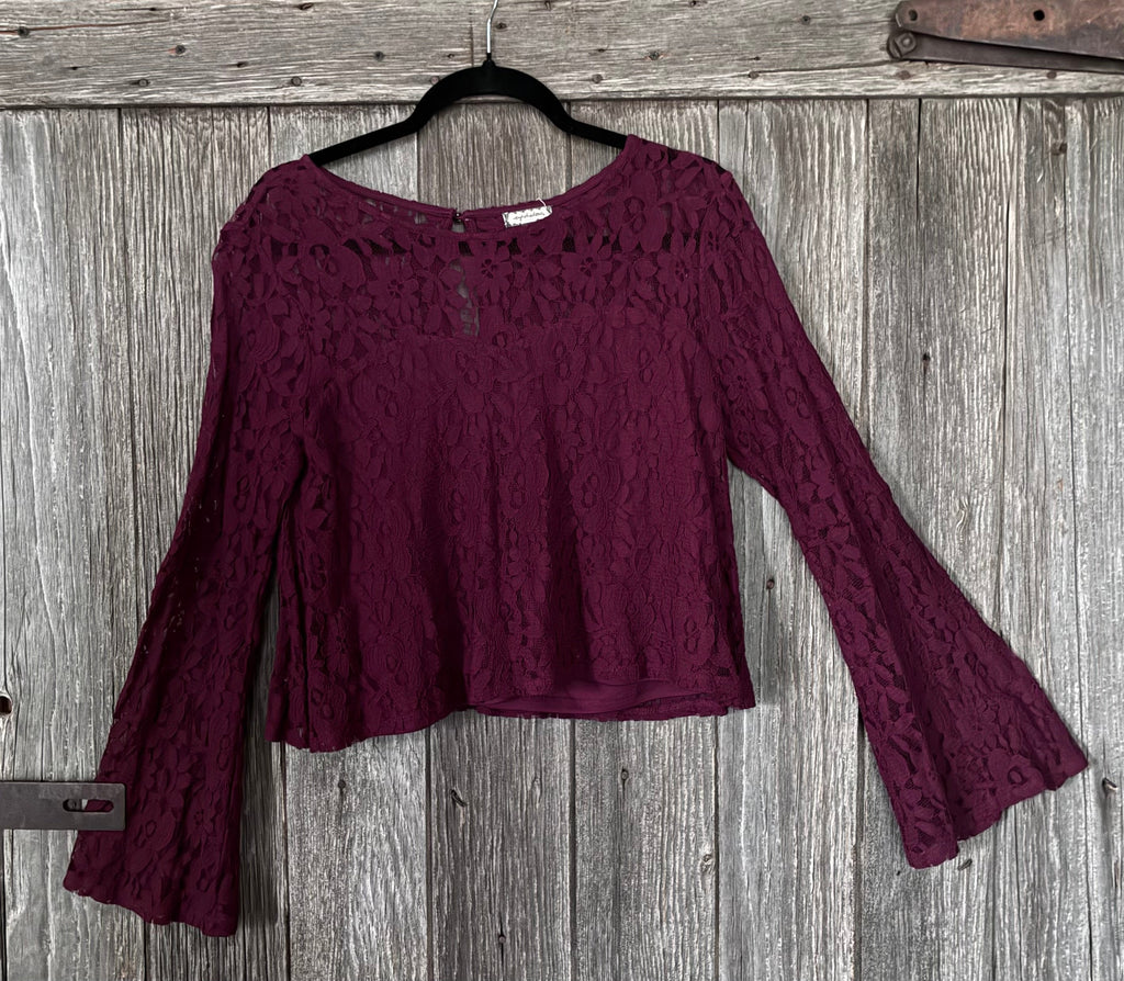 Eyeshadow Floral Lace Bell Sleeve Crop Top | Size L | Burgundy
