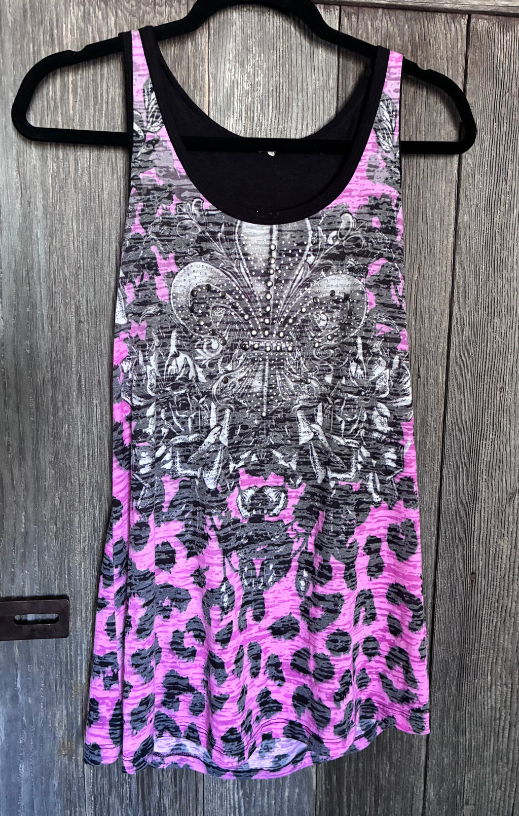 Pink Leopard Print Fleur-de-Lis Rhinestone Racerback Tank Size Large