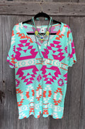 Sew In Love Aztec V-Neck Tee – Mint/Magenta/Orange (L)
