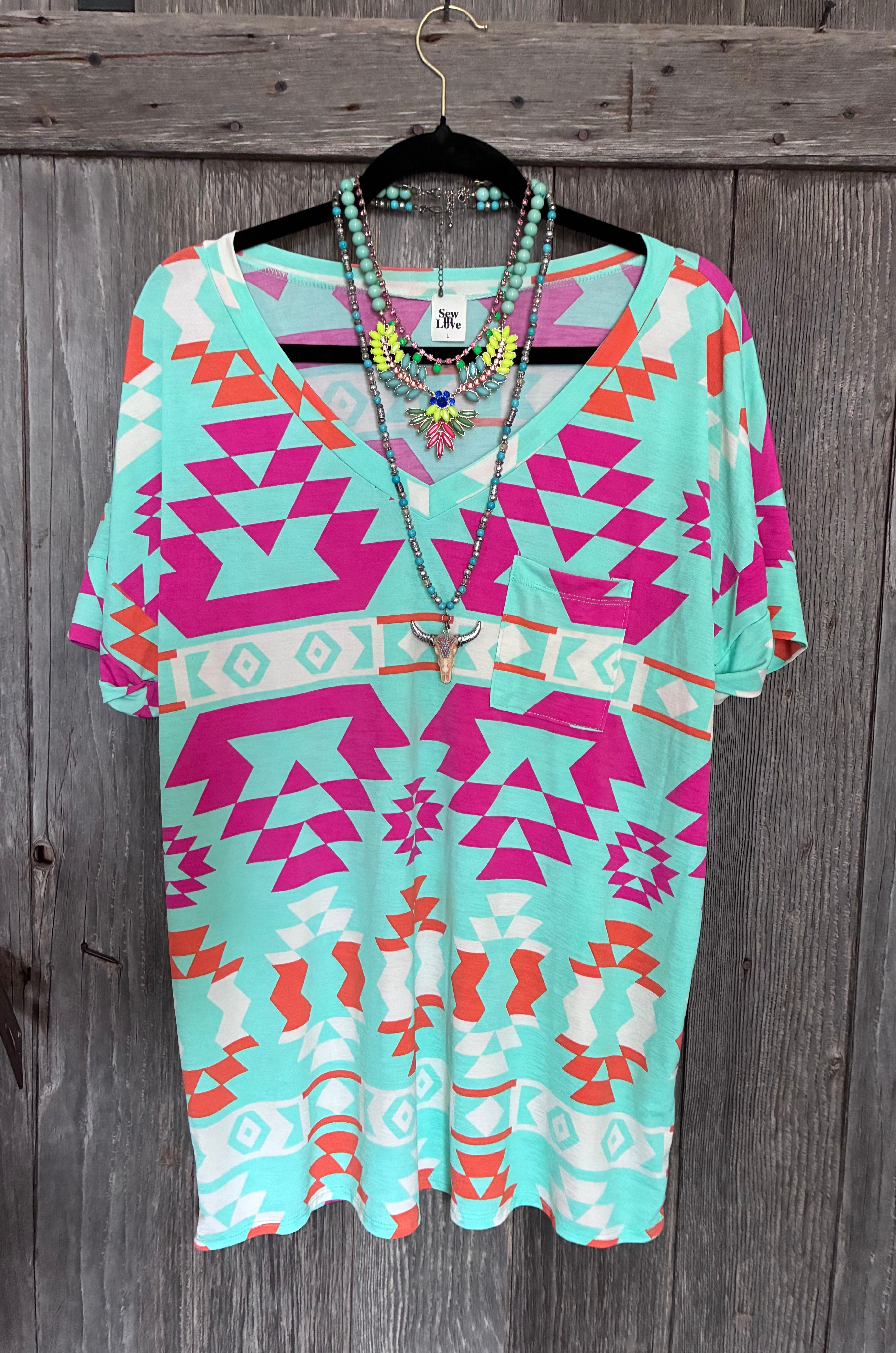 Sew In Love Aztec V-Neck Tee – Mint/Magenta/Orange (L)
