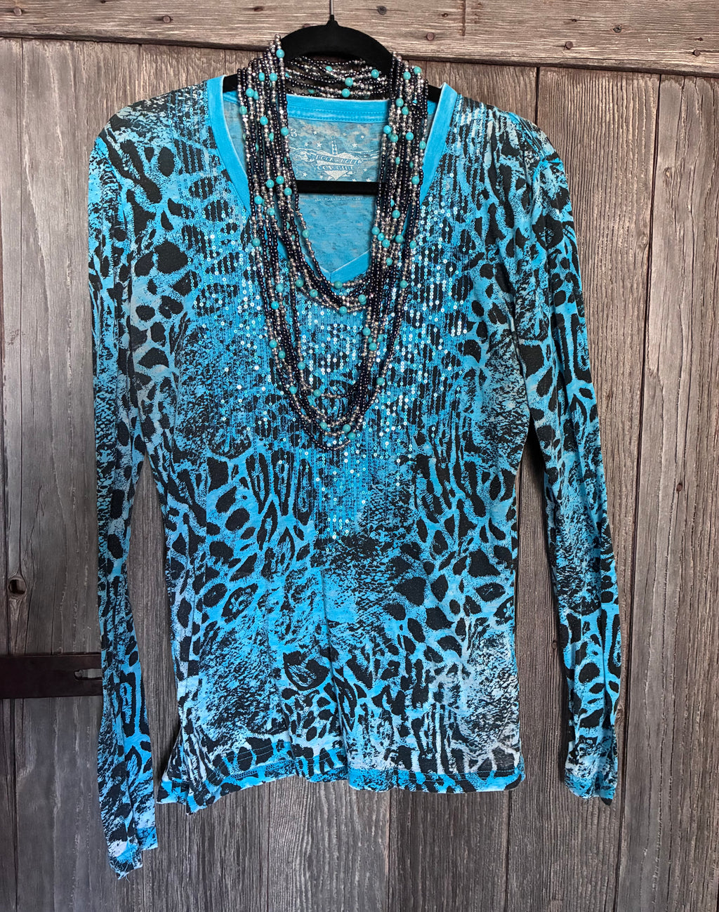 Rock & Roll Cowgirl Turquoise Animal Print Sequin Top