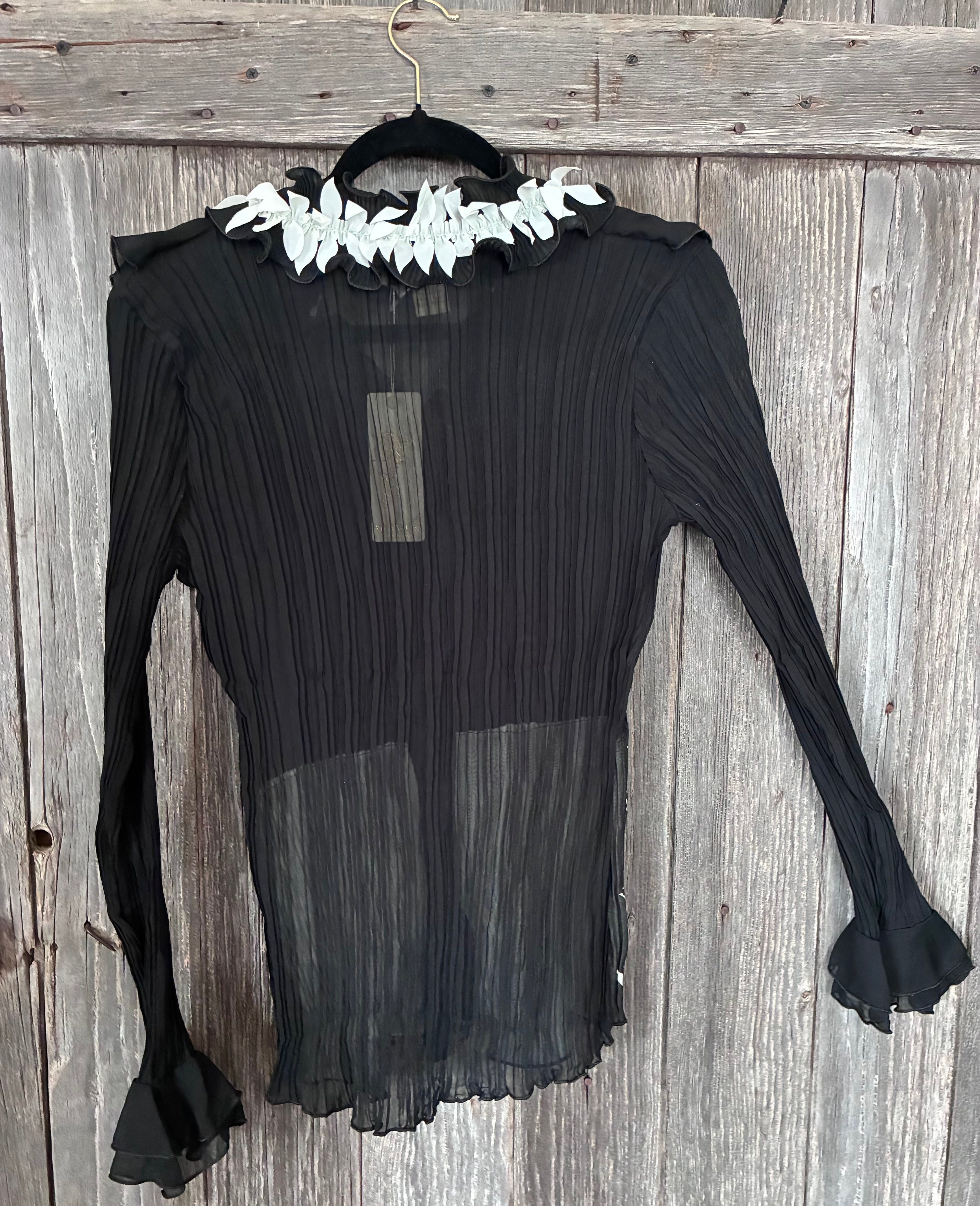 Michael K Designed in Italy Black Petal Appliqué Ruffle Blouse NWT