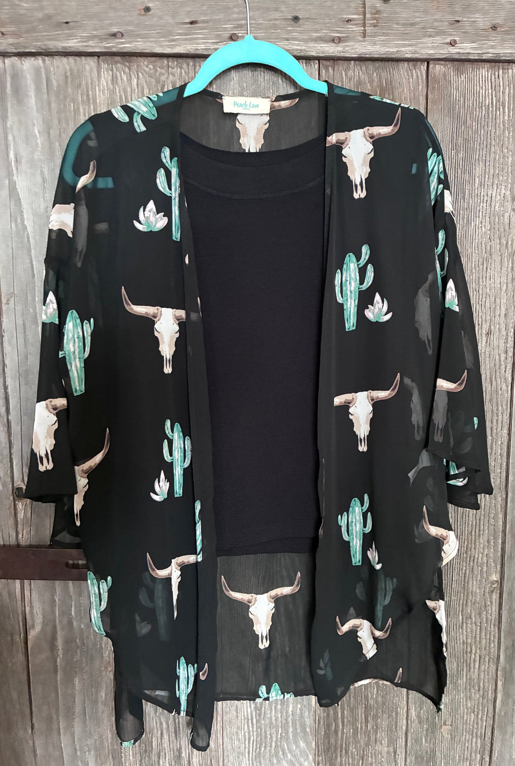 Peach Love California Bull Skull & Cactus Kimono Cardigan – Black (S)