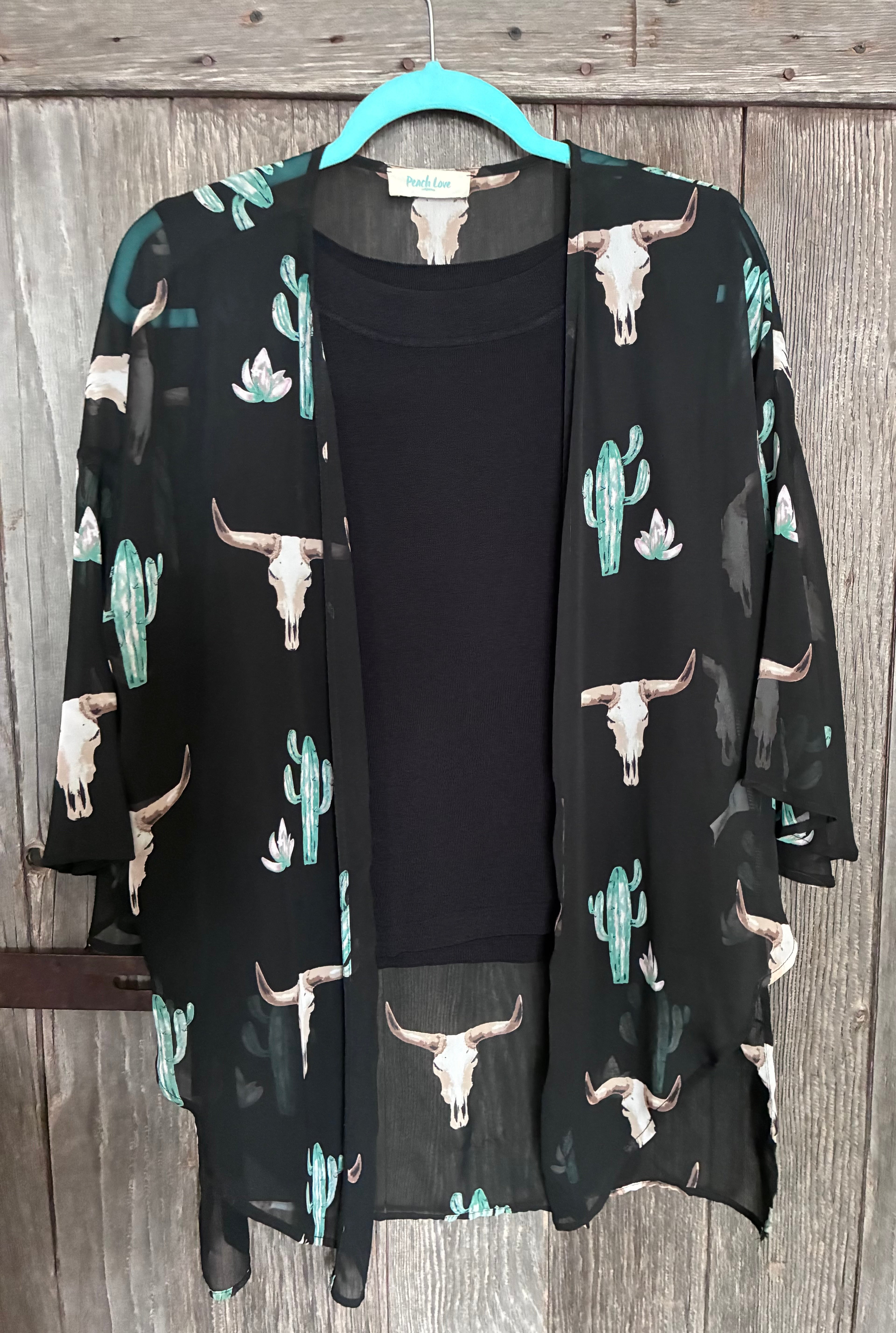 Peach Love California Bull Skull & Cactus Kimono Cardigan – Black (S)