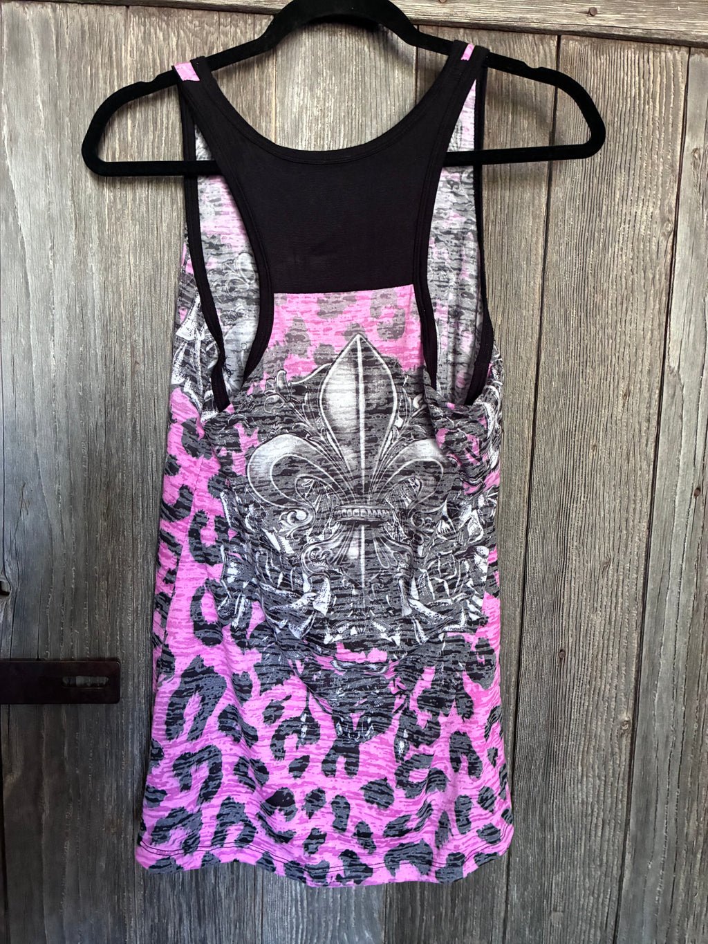 Pink Leopard Print Fleur-de-Lis Rhinestone Racerback Tank Size Large