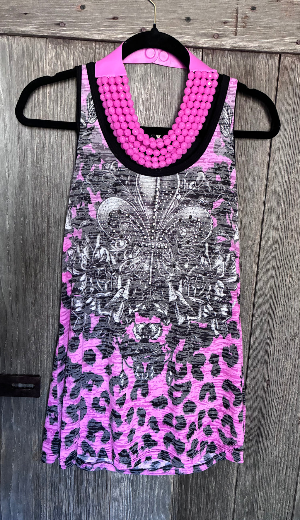 Pink Leopard Print Fleur-de-Lis Rhinestone Racerback Tank Size Large
