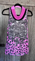 Pink Leopard Print Fleur-de-Lis Rhinestone Racerback Tank Size Large