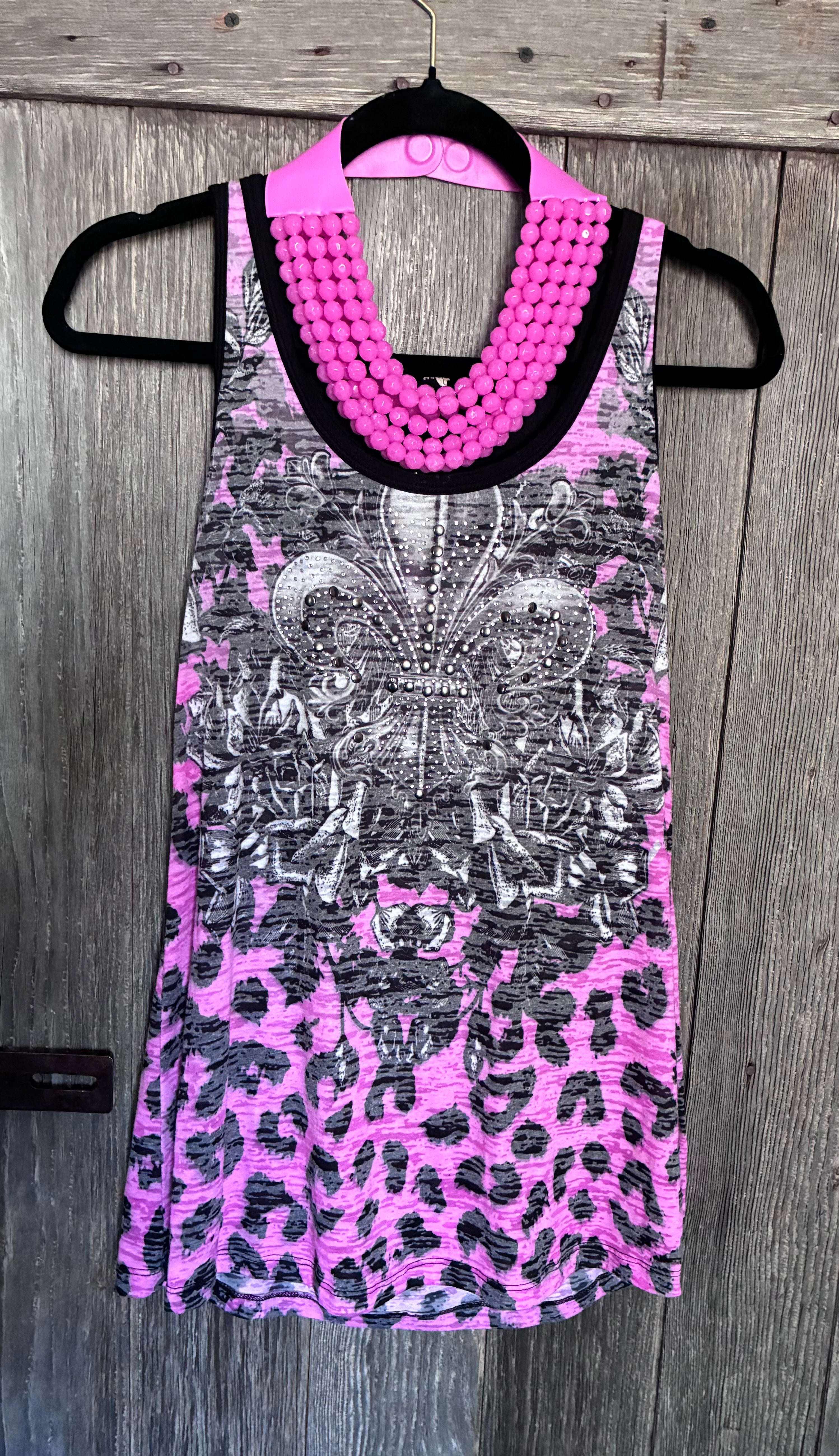 Pink Leopard Print Fleur-de-Lis Rhinestone Racerback Tank Size Large