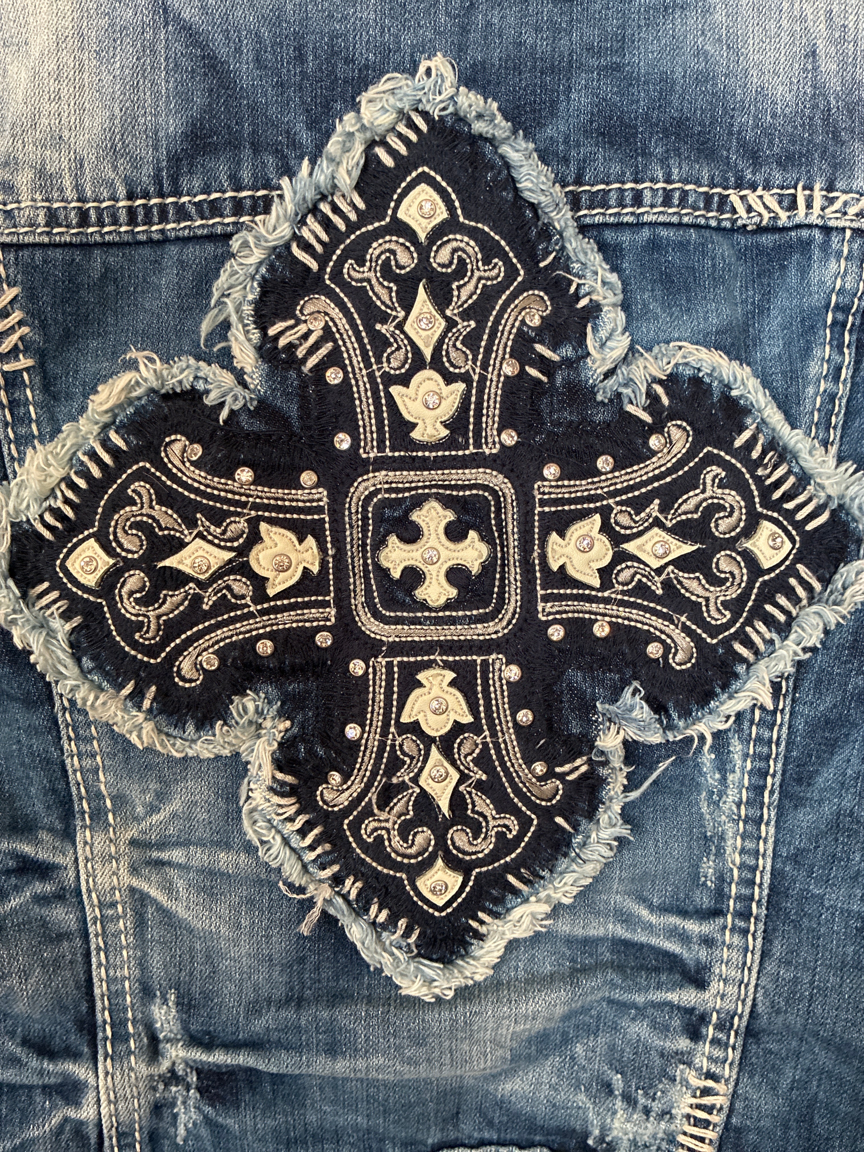 Miss Me Embroidered Cross Denim Jacket — Size L