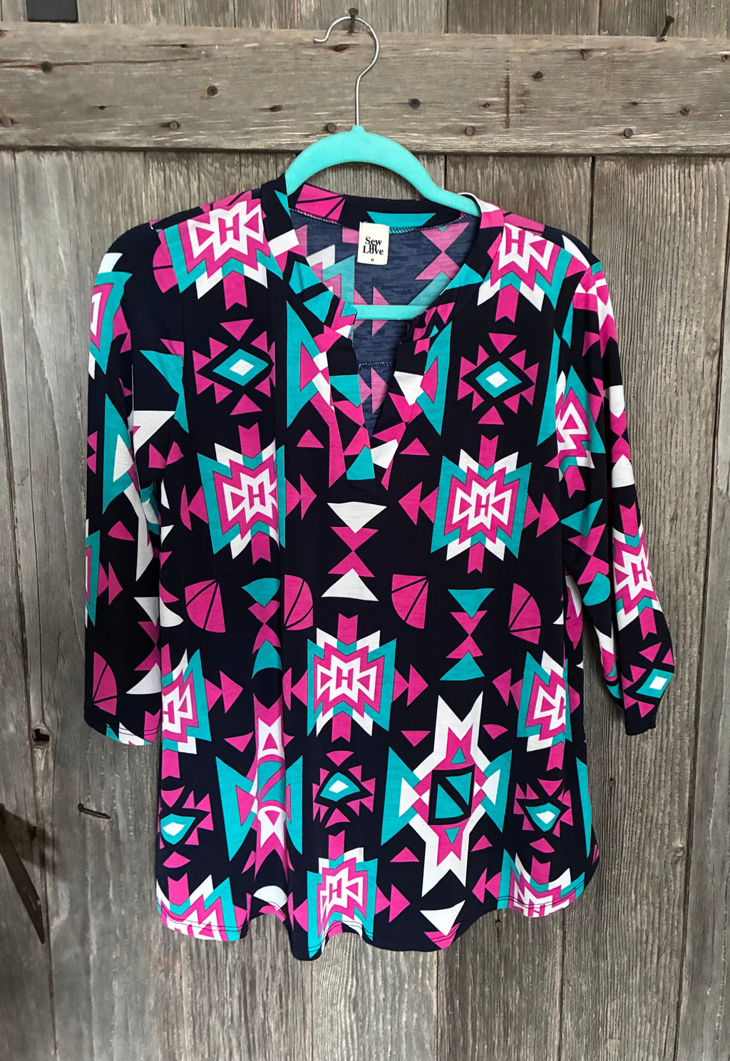 Sew In Love Aztec V-Neck Top – Navy/Magenta/Teal (M)