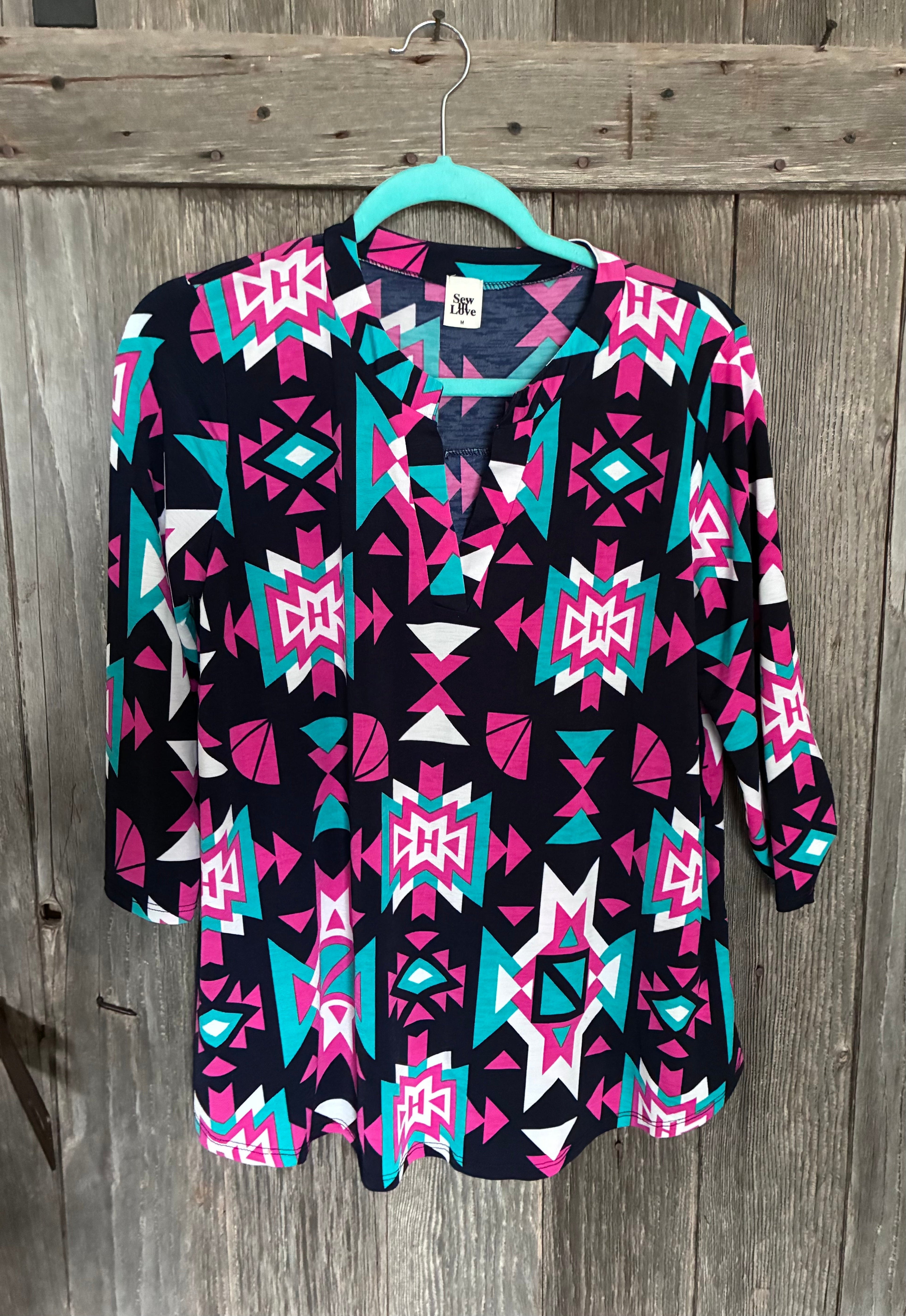 Sew In Love Aztec V-Neck Top – Navy/Magenta/Teal (M)