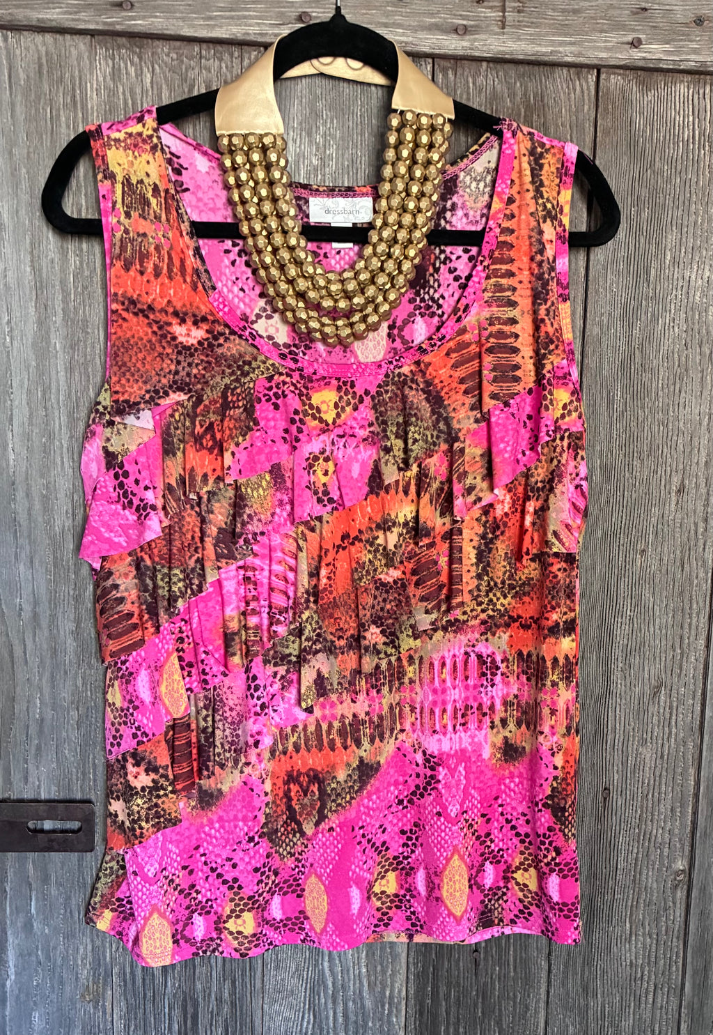 Dressbarn Pink Animal Print Ruffle Front Sleeveless Top