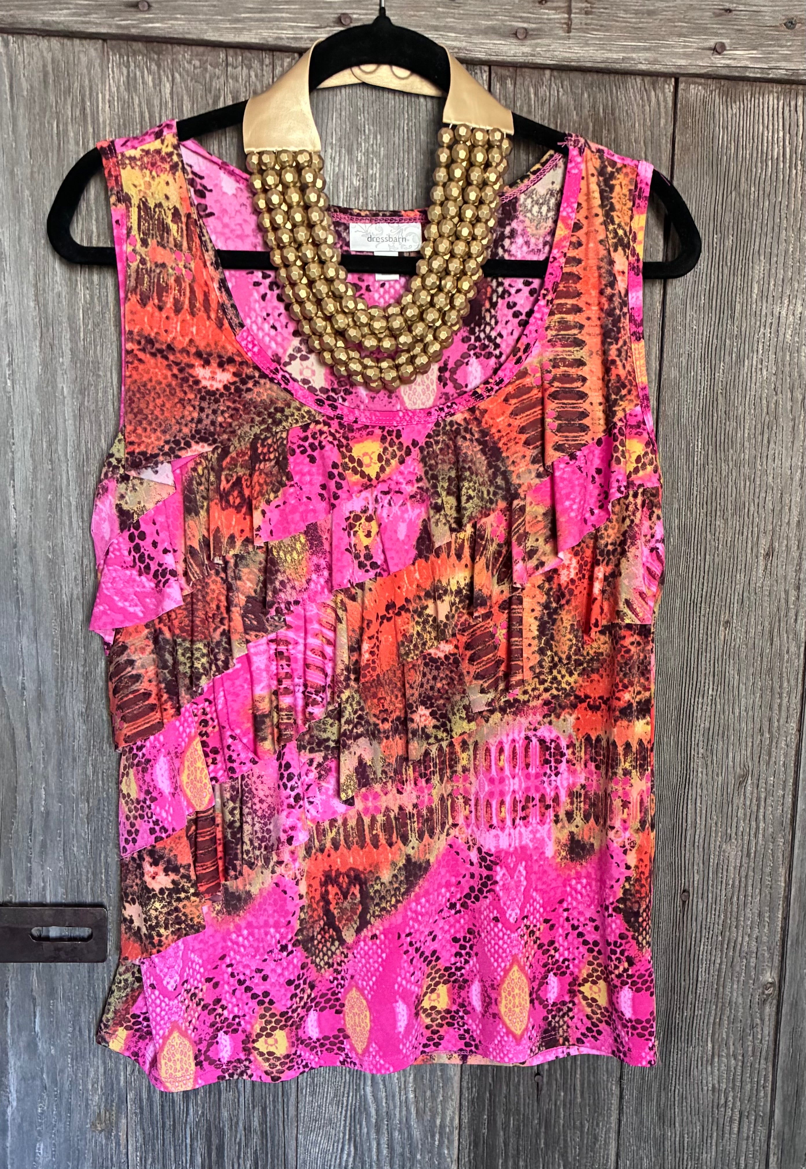 Dressbarn Pink Animal Print Ruffle Front Sleeveless Top