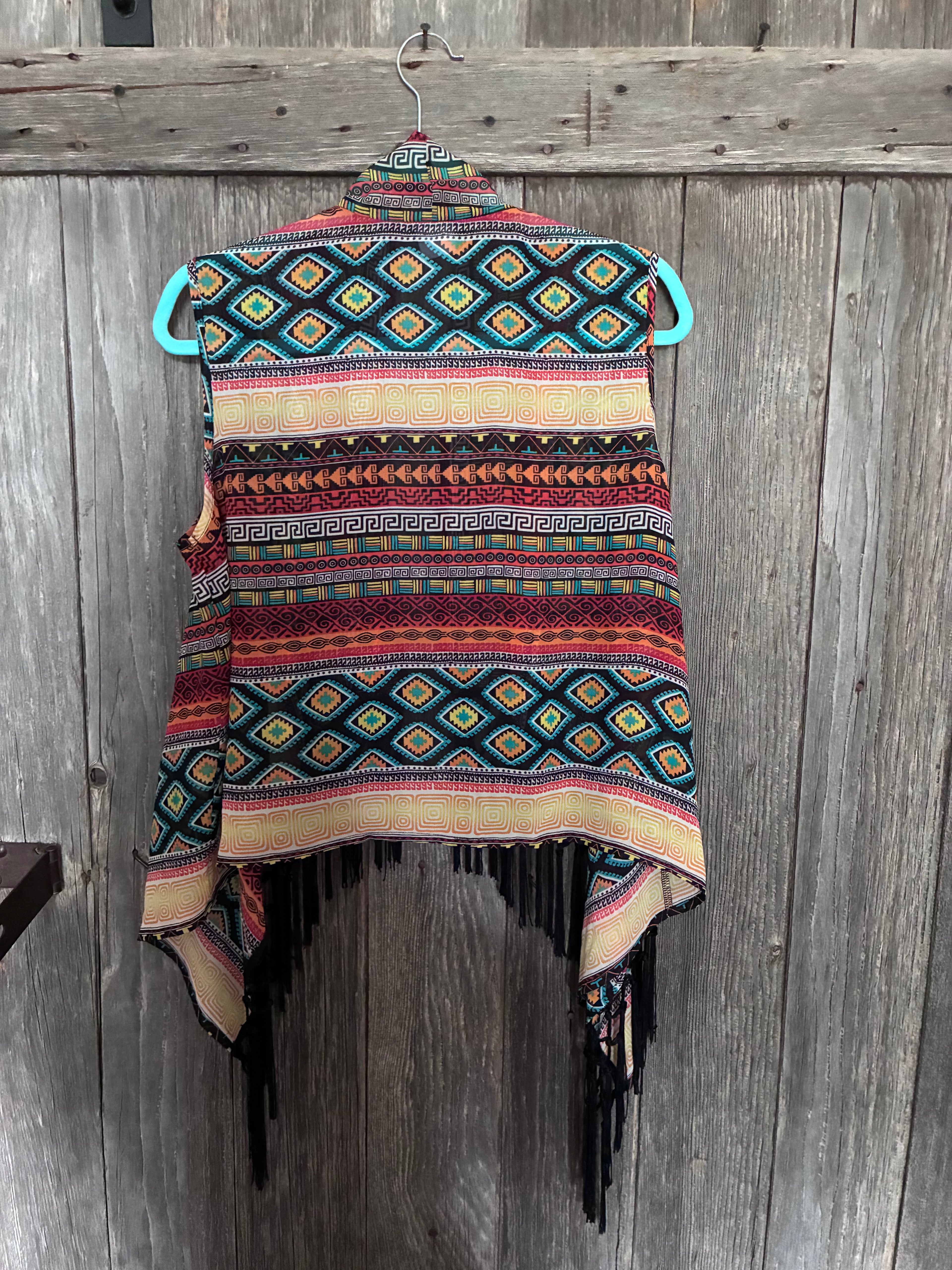 Wrangler Aztec Multicolored Fringe Vest-Size L