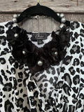 Leopard Print Sequin Blouse with Black Bead Fringe