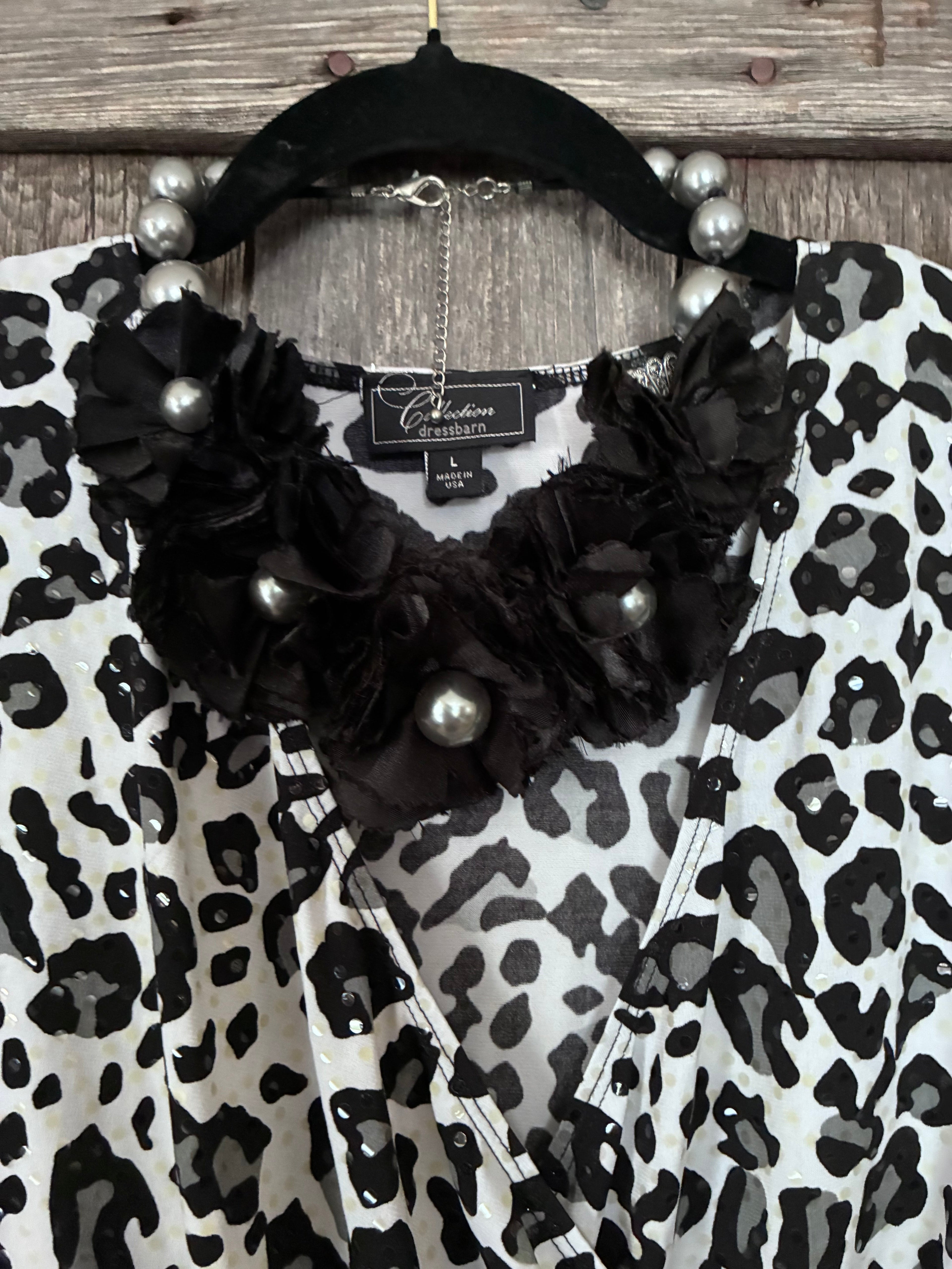 Leopard Print Sequin Blouse with Black Bead Fringe