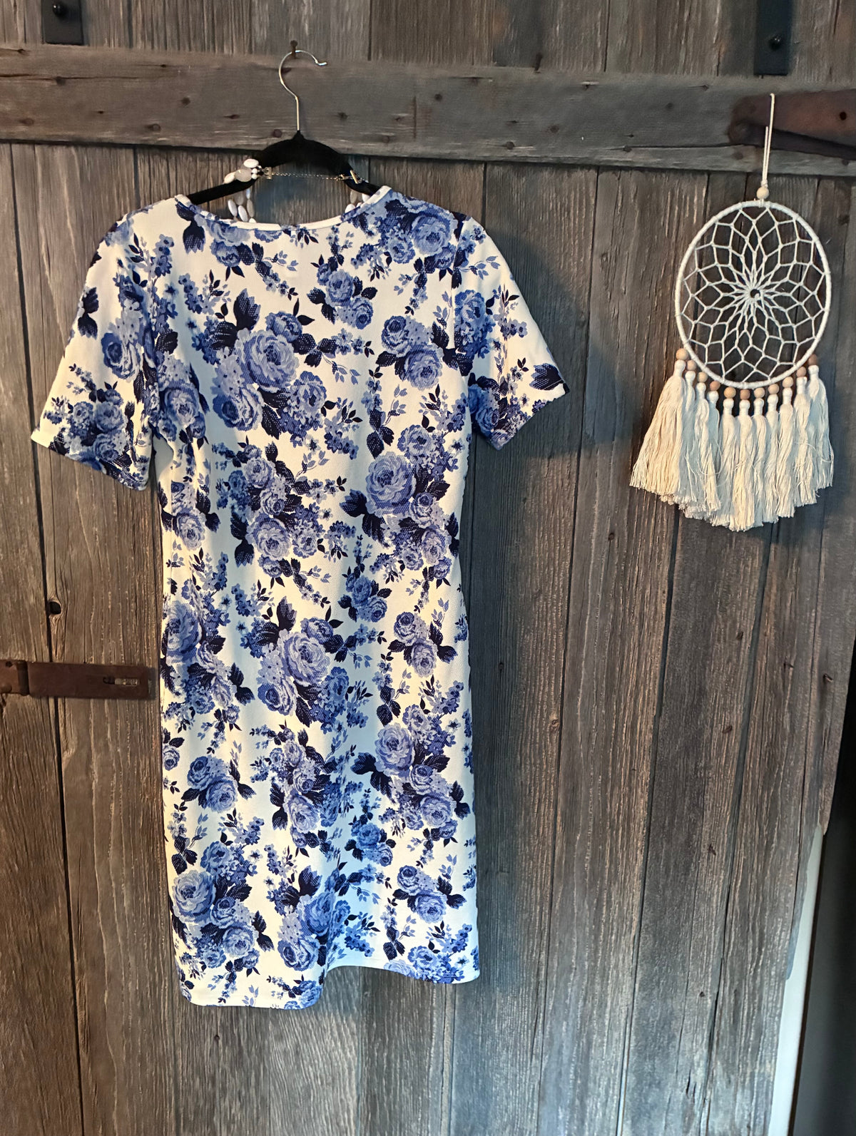Honey & Lace Blue Floral Rose T-Shirt Dress | Size L | Boho Cottage Chic