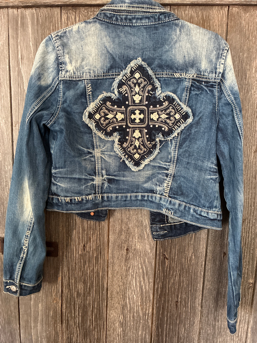 Miss Me Embroidered Cross Denim Jacket — Size L