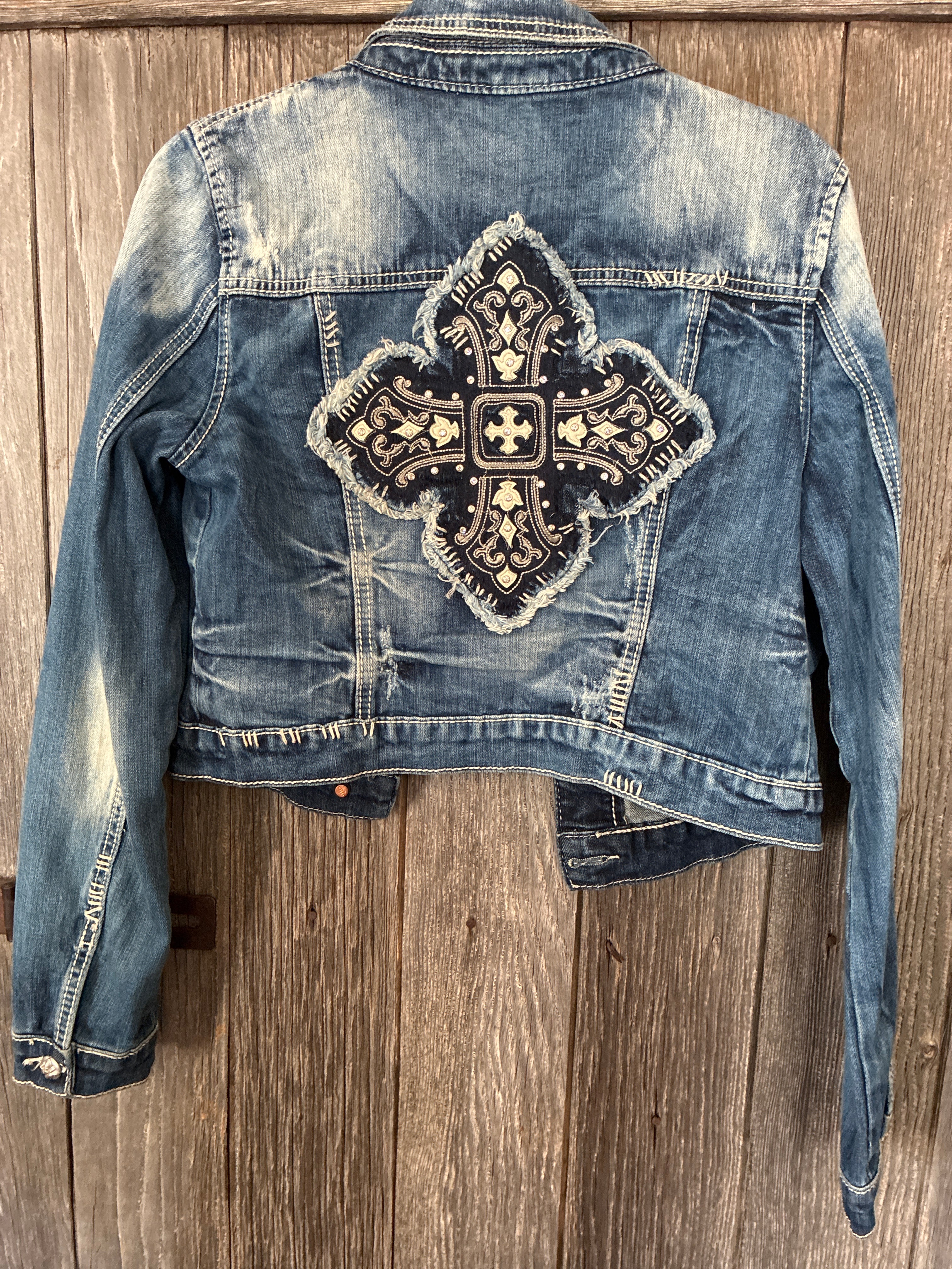 Miss Me Embroidered Cross Denim Jacket — Size L