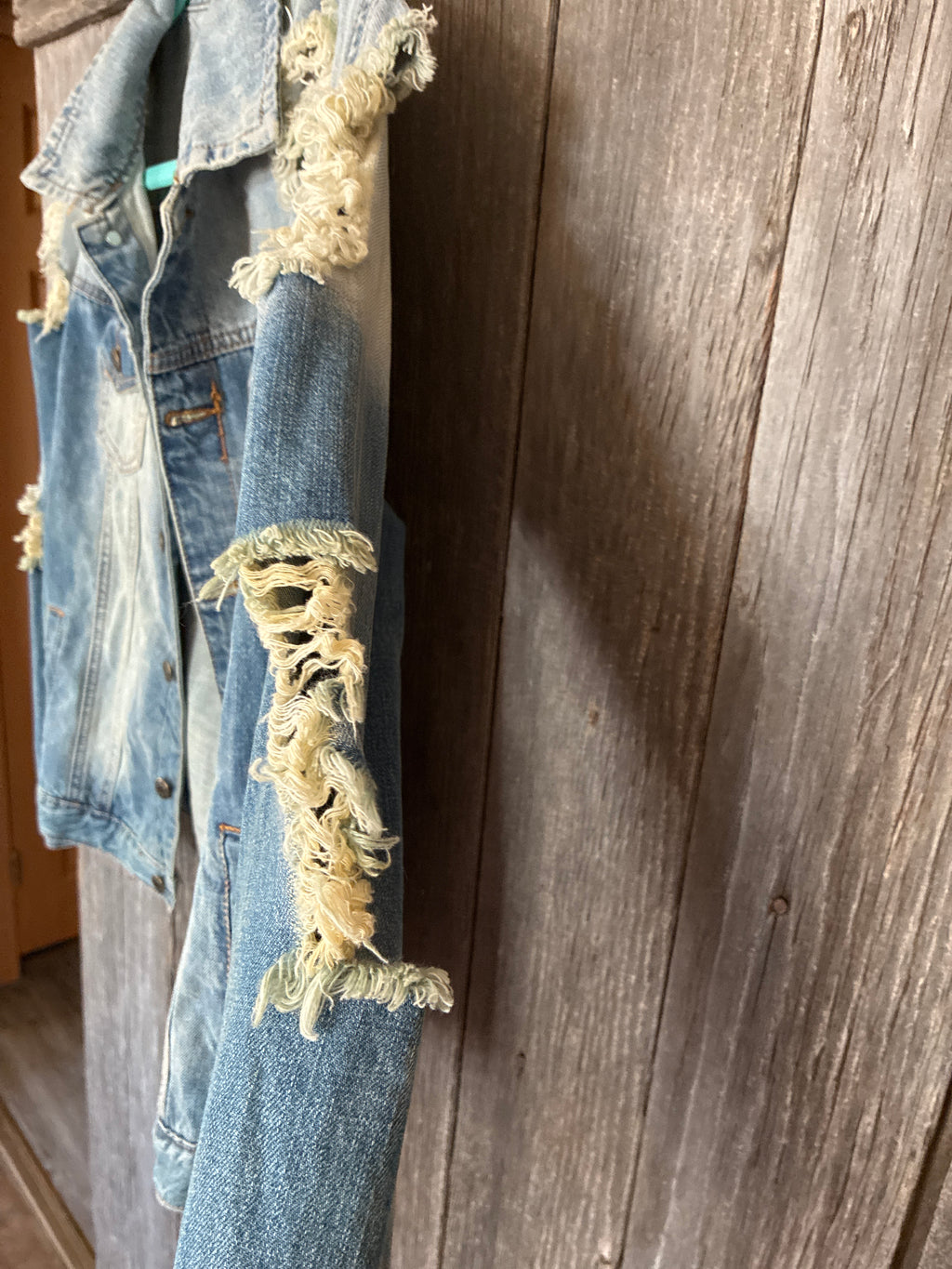Machine Heavily Distressed Denim Jacket | Size L