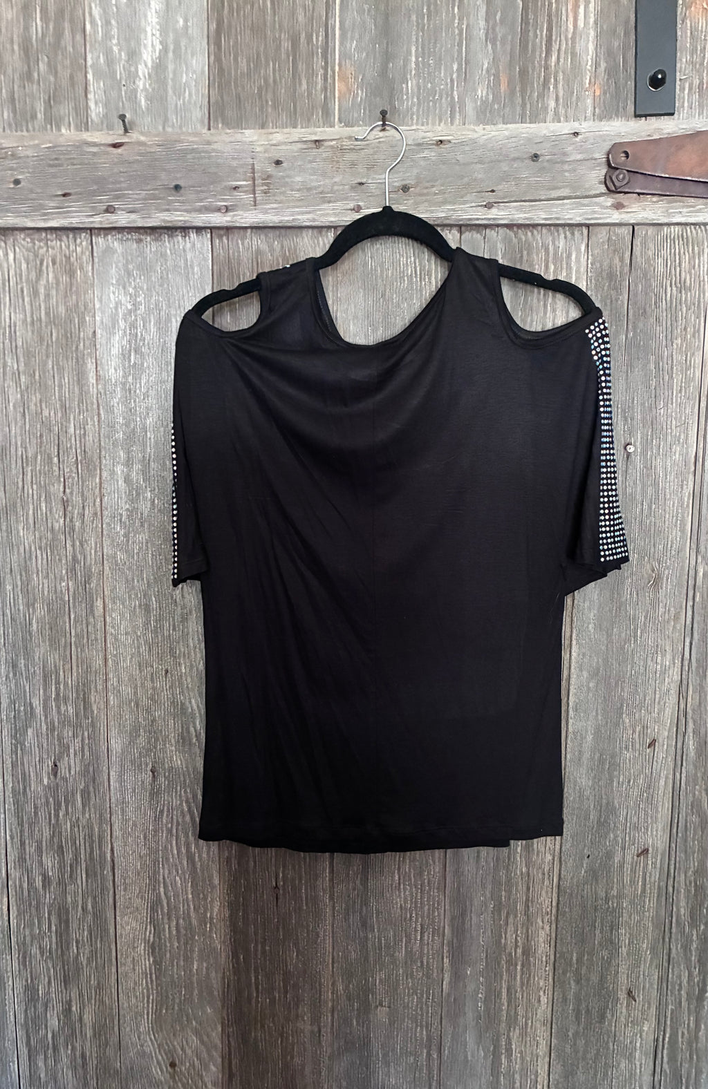 Vocal Rhinestone Cross Cold Shoulder Top – M