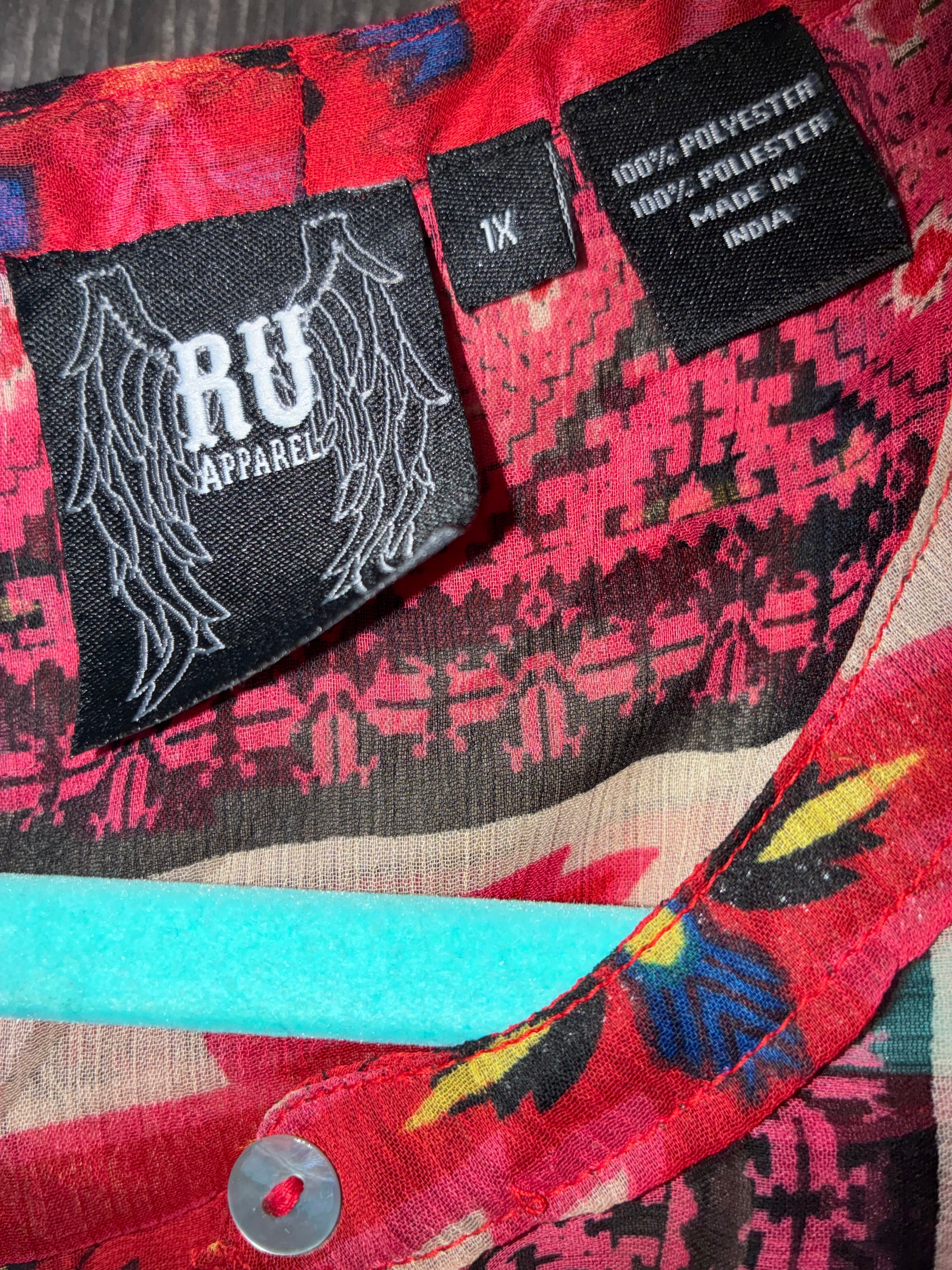 RU Apparel brand label showing size 1X, 100% polyester, made in India